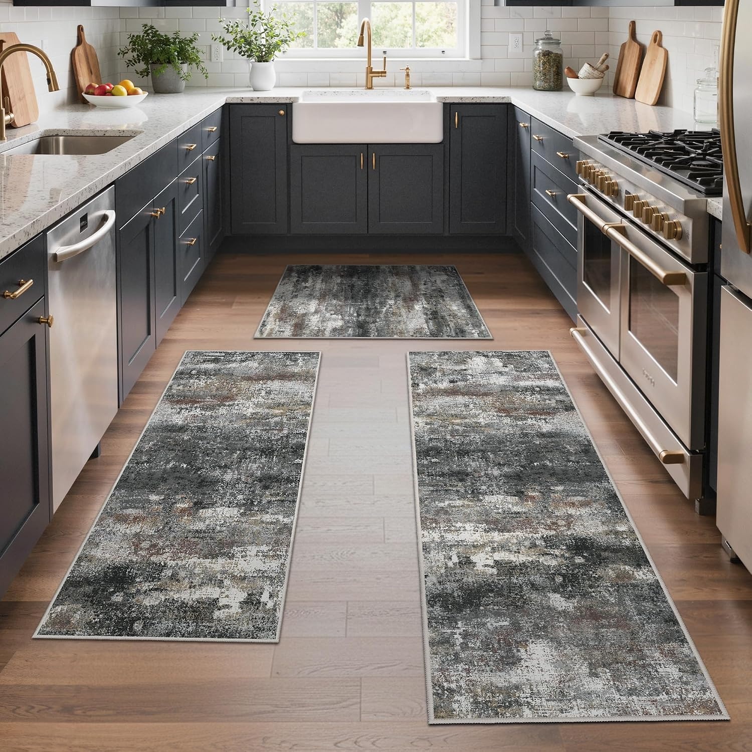 image:imageGENIMO Kitchen Rugs Large Washable Non Slip Kitchen Mats for Floor 48x72 Green vintage abstract rug soft faux cashmere low pile easyclean for laundry entryway sink farmhouseBlack Brown
