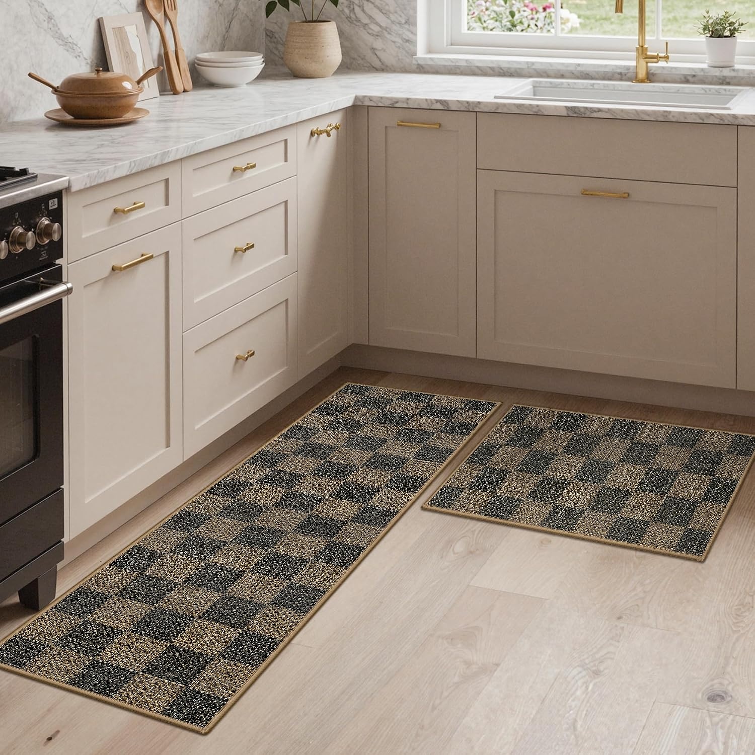 image:imageGENIMO Kitchen Rugs Large Washable Non Slip Kitchen Mats for Floor  48x72 Green vintage abstract rug soft faux cashmere low pile easyclean for laundry entryway sink farmhouseBrown Checkered