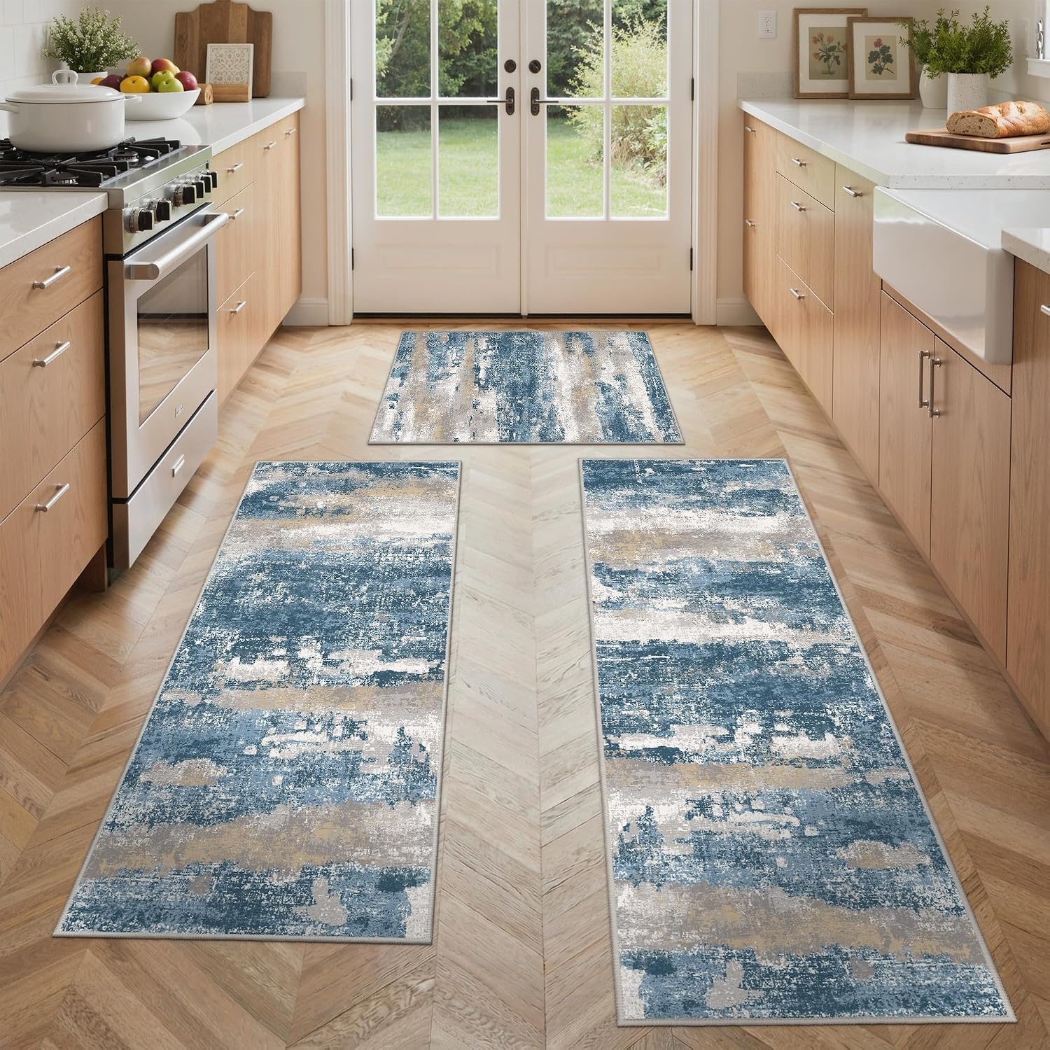 image:imageGENIMO Kitchen Rugs Large Washable Non Slip Kitchen Mats for Floor 48x72 Green vintage abstract rug soft faux cashmere low pile easyclean for laundry entryway sink farmhouseBlue Gray
