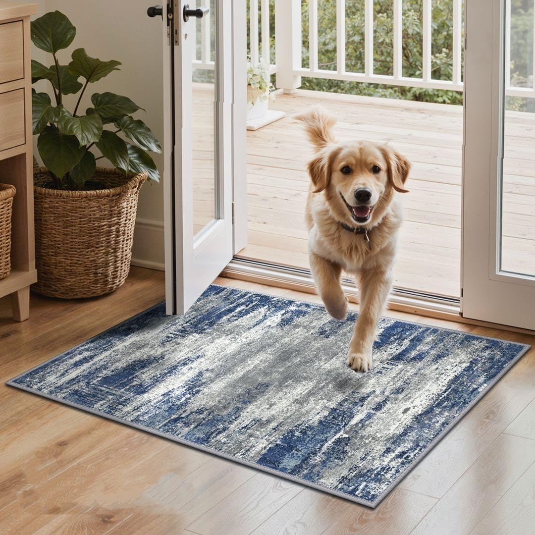 image:imageGENIMO Kitchen Rugs Large Washable Non Slip Kitchen Mats for Floor  48x72 Green vintage abstract rug soft faux cashmere low pile easyclean for laundry entryway sink farmhouseAblueIvory