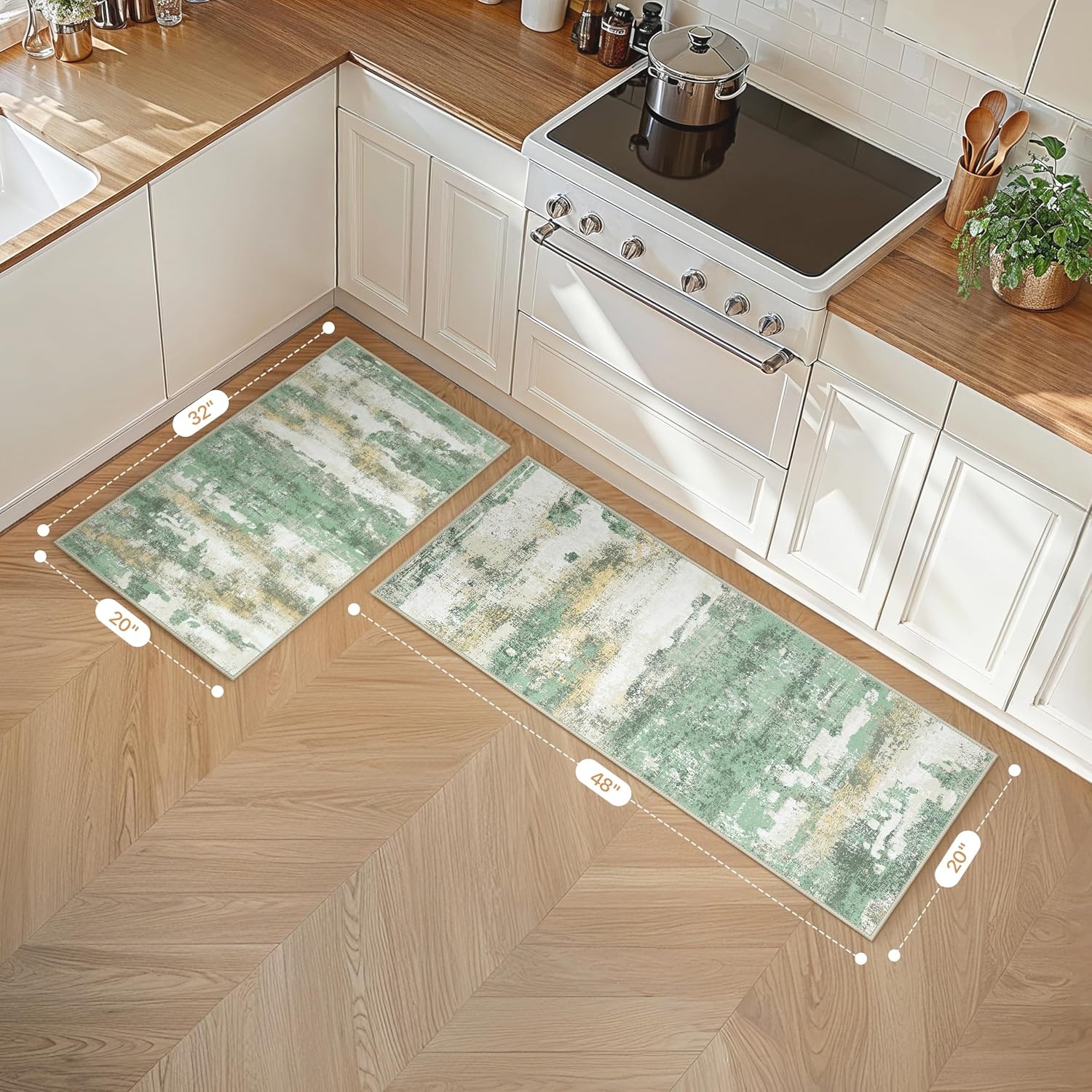 image:imageGENIMO Kitchen Rugs Large Washable Non Slip Kitchen Mats for Floor 48x72 Green vintage abstract rug soft faux cashmere low pile easyclean for laundry entryway sink farmhouseGreen