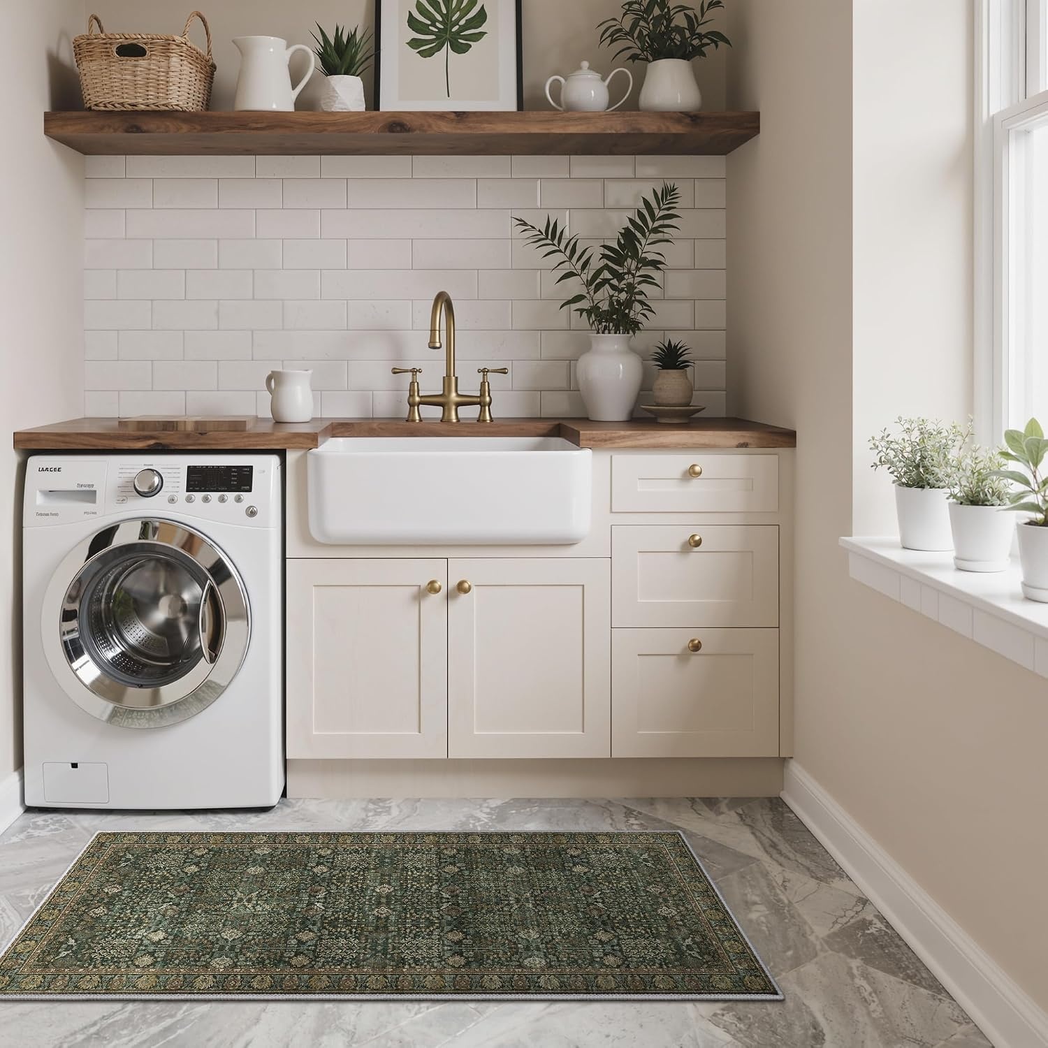 image:imageGENIMO Kitchen Rugs Large Washable Non Slip Kitchen Mats for Floor 48x72 Green vintage abstract rug soft faux cashmere low pile easyclean for laundry entryway sink farmhouseDark Green