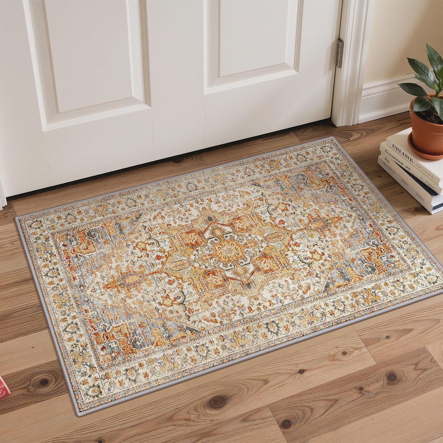 image:imageGENIMO Kitchen Rugs Large Washable Non Slip Kitchen Mats for Floor 48x72 Green vintage abstract rug soft faux cashmere low pile easyclean for laundry entryway sink farmhouseOrange Brown
