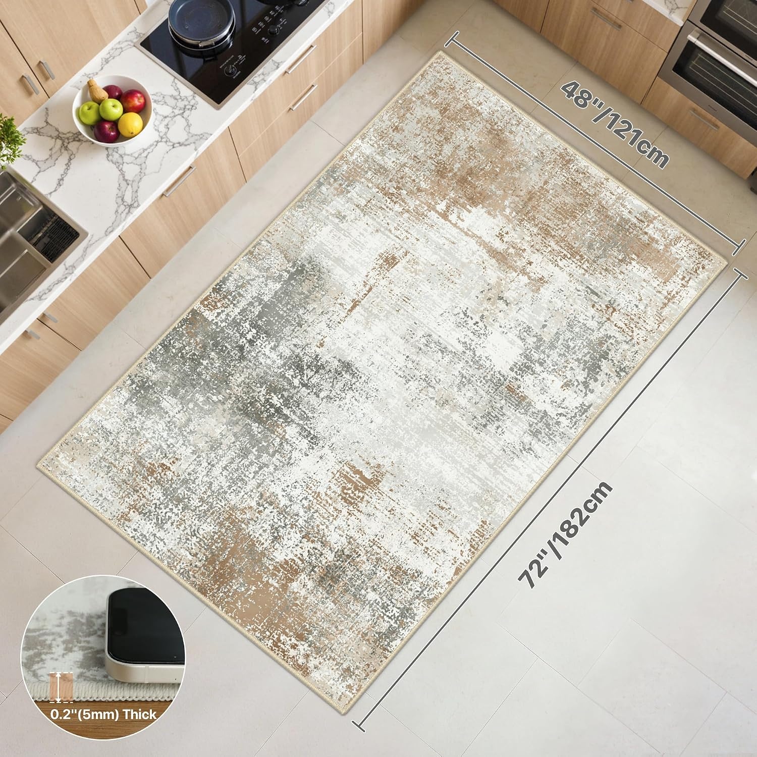 image:imageGENIMO Kitchen Rugs Large Washable Non Slip Kitchen Mats for Floor 48x72 Green vintage abstract rug soft faux cashmere low pile easyclean for laundry entryway sink farmhouseBeige Brown