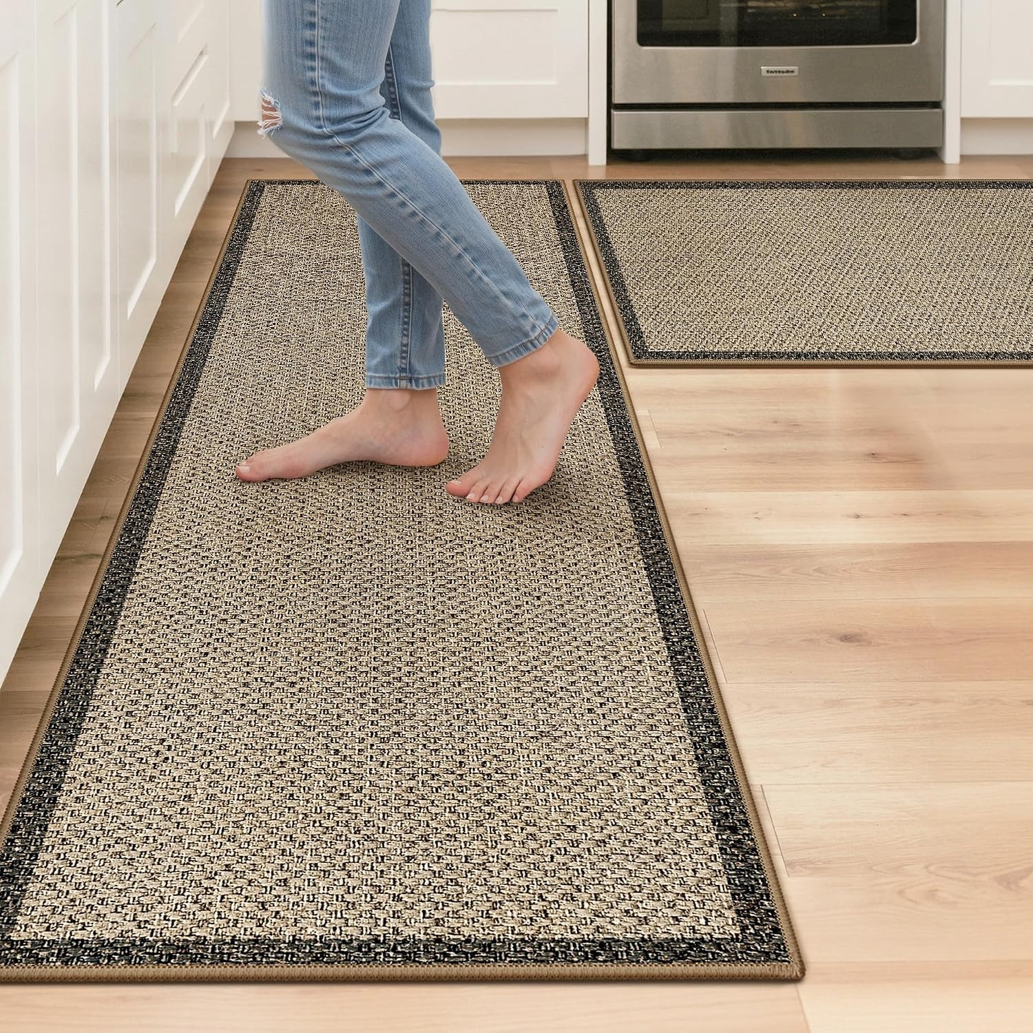 image:imageGENIMO Kitchen Rugs Large Washable Non Slip Kitchen Mats for Floor 48x72 Green vintage abstract rug soft faux cashmere low pile easyclean for laundry entryway sink farmhouseBeige Border