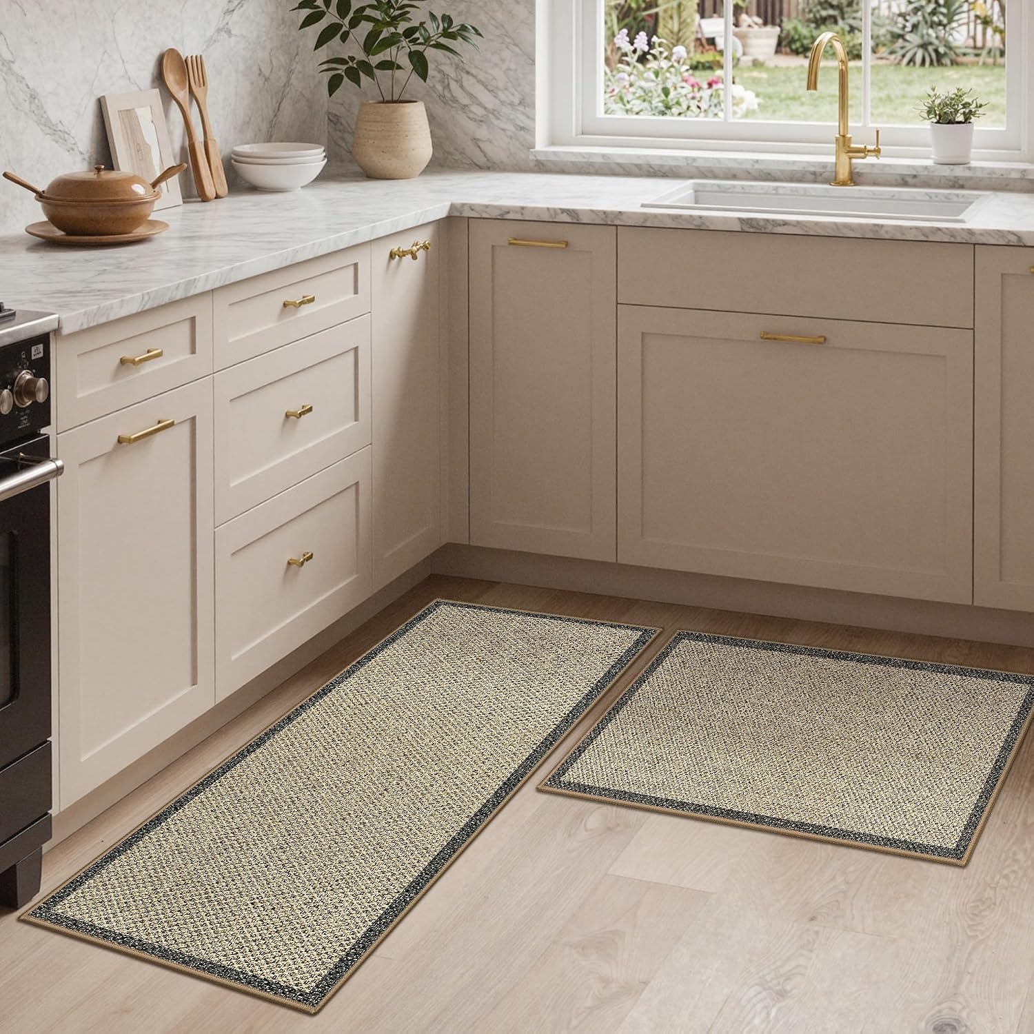 image:imageGENIMO Kitchen Rugs Large Washable Non Slip Kitchen Mats for Floor 48x72 Green vintage abstract rug soft faux cashmere low pile easyclean for laundry entryway sink farmhouseBeige Border