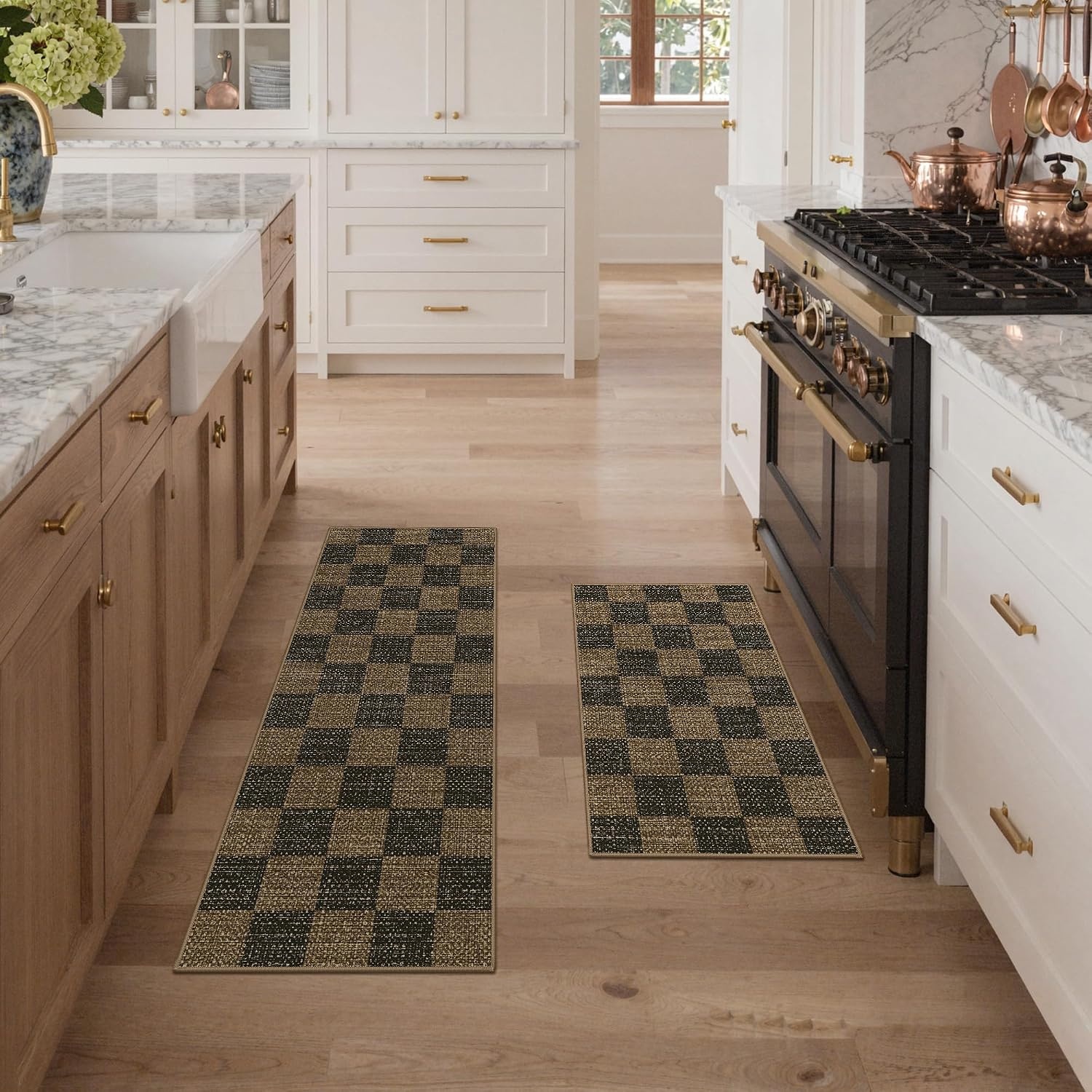 image:imageGENIMO Kitchen Rugs Large Washable Non Slip Kitchen Mats for Floor  48x72 Green vintage abstract rug soft faux cashmere low pile easyclean for laundry entryway sink farmhouseBrown Checkered