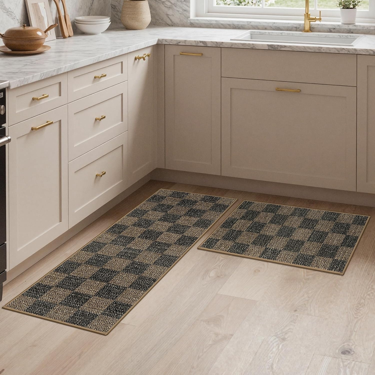 image:imageGENIMO Kitchen Rugs Large Washable Non Slip Kitchen Mats for Floor  48x72 Green vintage abstract rug soft faux cashmere low pile easyclean for laundry entryway sink farmhouseBrown Checkered