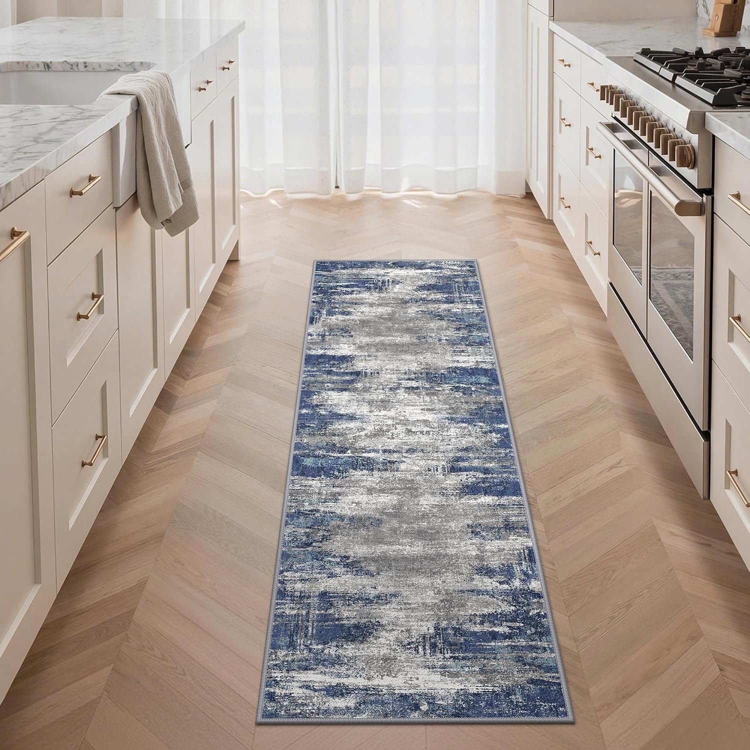 image:imageGENIMO Kitchen Rugs Large Washable Non Slip Kitchen Mats for Floor 48x72 Green vintage abstract rug soft faux cashmere low pile easyclean for laundry entryway sink farmhouseBlue Ivory