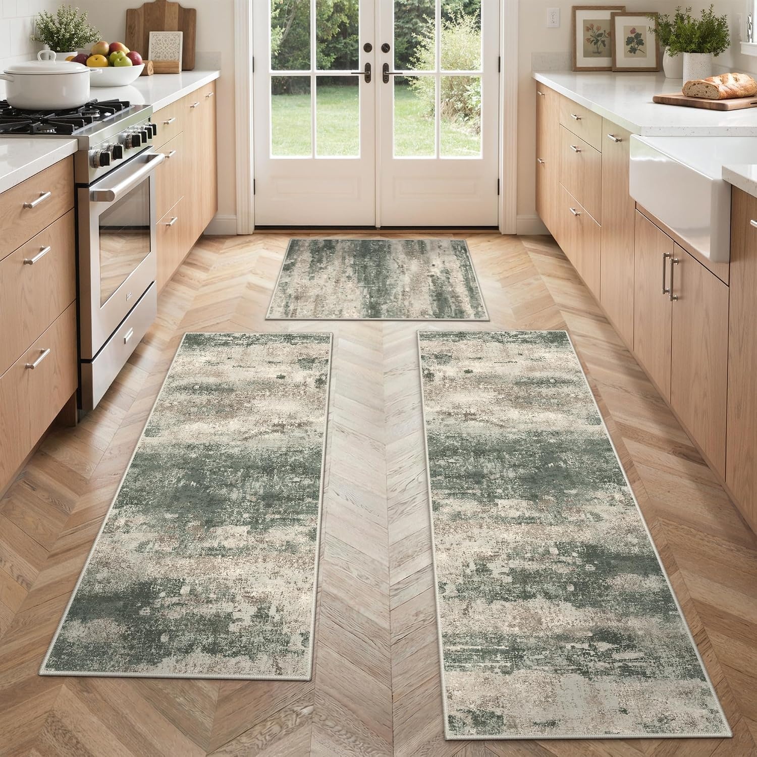 image:imageGENIMO Kitchen Rugs Large Washable Non Slip Kitchen Mats for Floor 48x72 Green vintage abstract rug soft faux cashmere low pile easyclean for laundry entryway sink farmhouseSage Sand