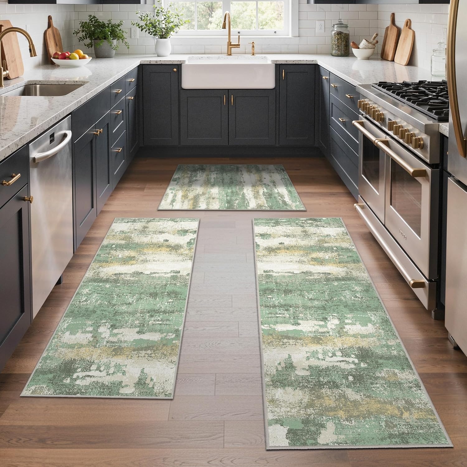 image:imageGENIMO Kitchen Rugs Large Washable Non Slip Kitchen Mats for Floor 48x72 Green vintage abstract rug soft faux cashmere low pile easyclean for laundry entryway sink farmhouseGreen