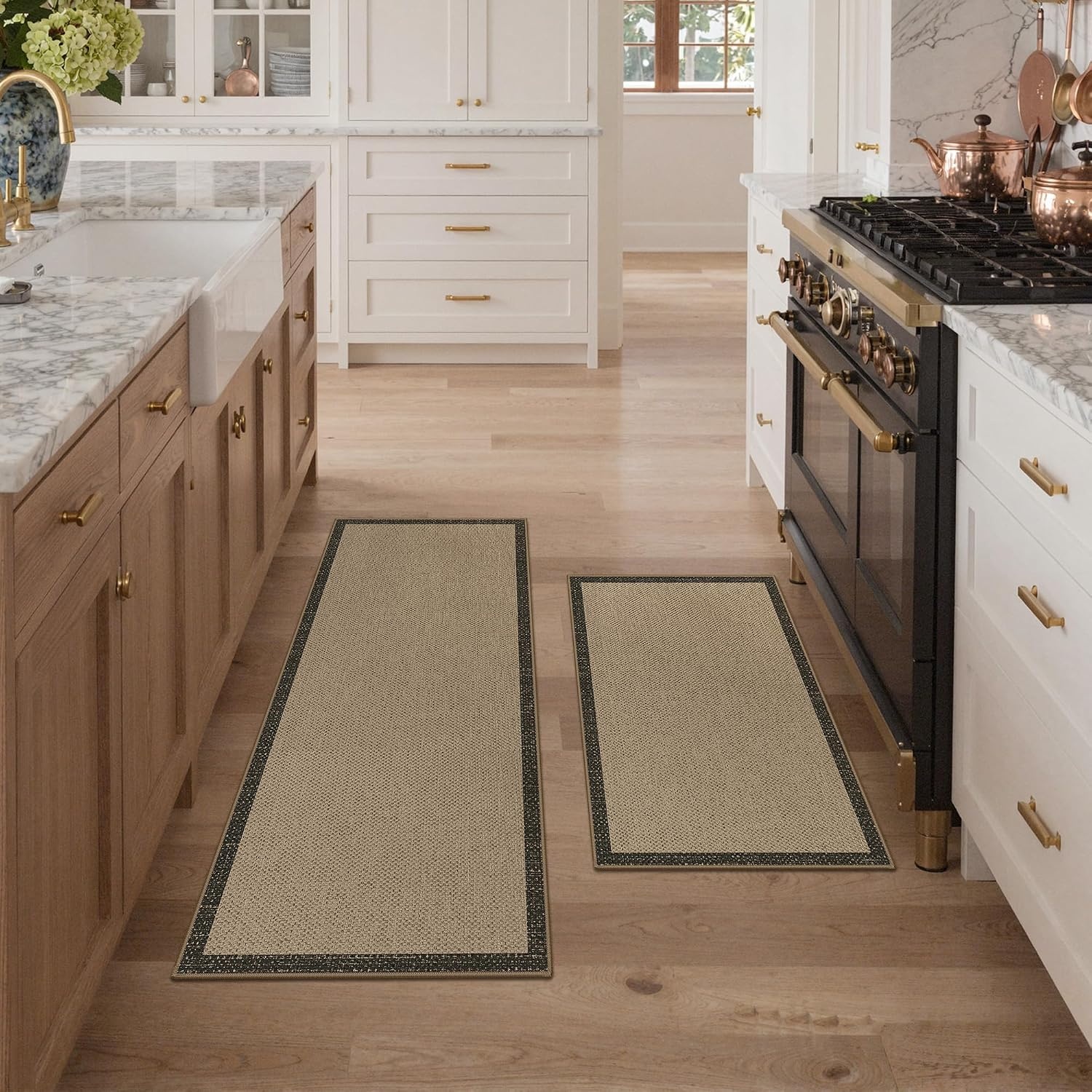 image:imageGENIMO Kitchen Rugs Large Washable Non Slip Kitchen Mats for Floor 48x72 Green vintage abstract rug soft faux cashmere low pile easyclean for laundry entryway sink farmhouseBeige Border