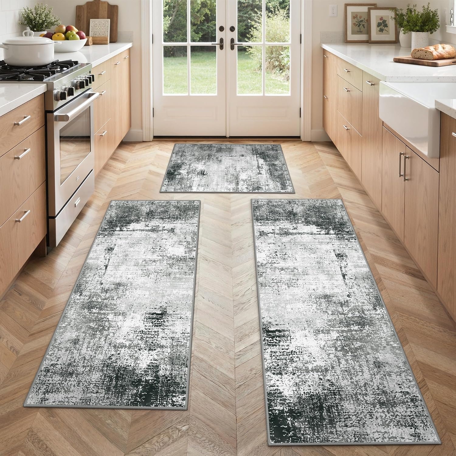 image:imageGENIMO Kitchen Rugs Large Washable Non Slip Kitchen Mats for Floor 48x72 Green vintage abstract rug soft faux cashmere low pile easyclean for laundry entryway sink farmhouseGrey White
