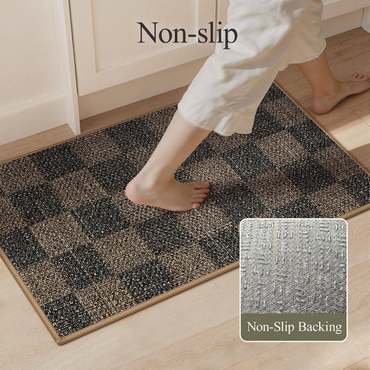 image:imageGENIMO Kitchen Rugs Large Washable Non Slip Kitchen Mats for Floor  48x72 Green vintage abstract rug soft faux cashmere low pile easyclean for laundry entryway sink farmhouseBrown Checkered