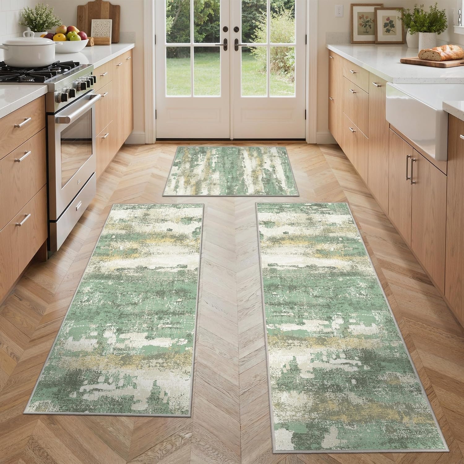 image:imageGENIMO Kitchen Rugs Large Washable Non Slip Kitchen Mats for Floor 48x72 Green vintage abstract rug soft faux cashmere low pile easyclean for laundry entryway sink farmhouseGreen