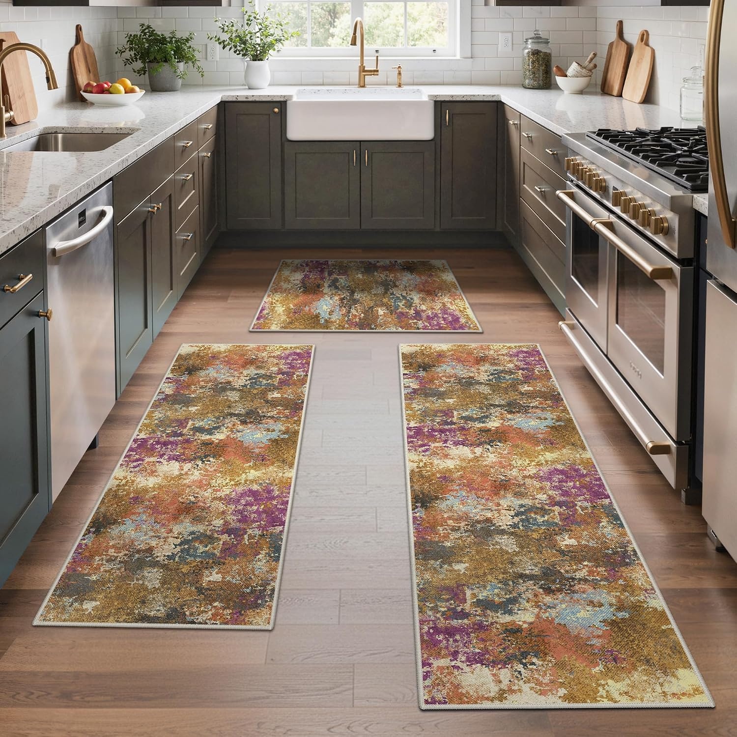 image:imageGENIMO Kitchen Rugs Large Washable Non Slip Kitchen Mats for Floor  48x72 Green vintage abstract rug soft faux cashmere low pile easyclean for laundry entryway sink farmhouseGold Ename Thyst
