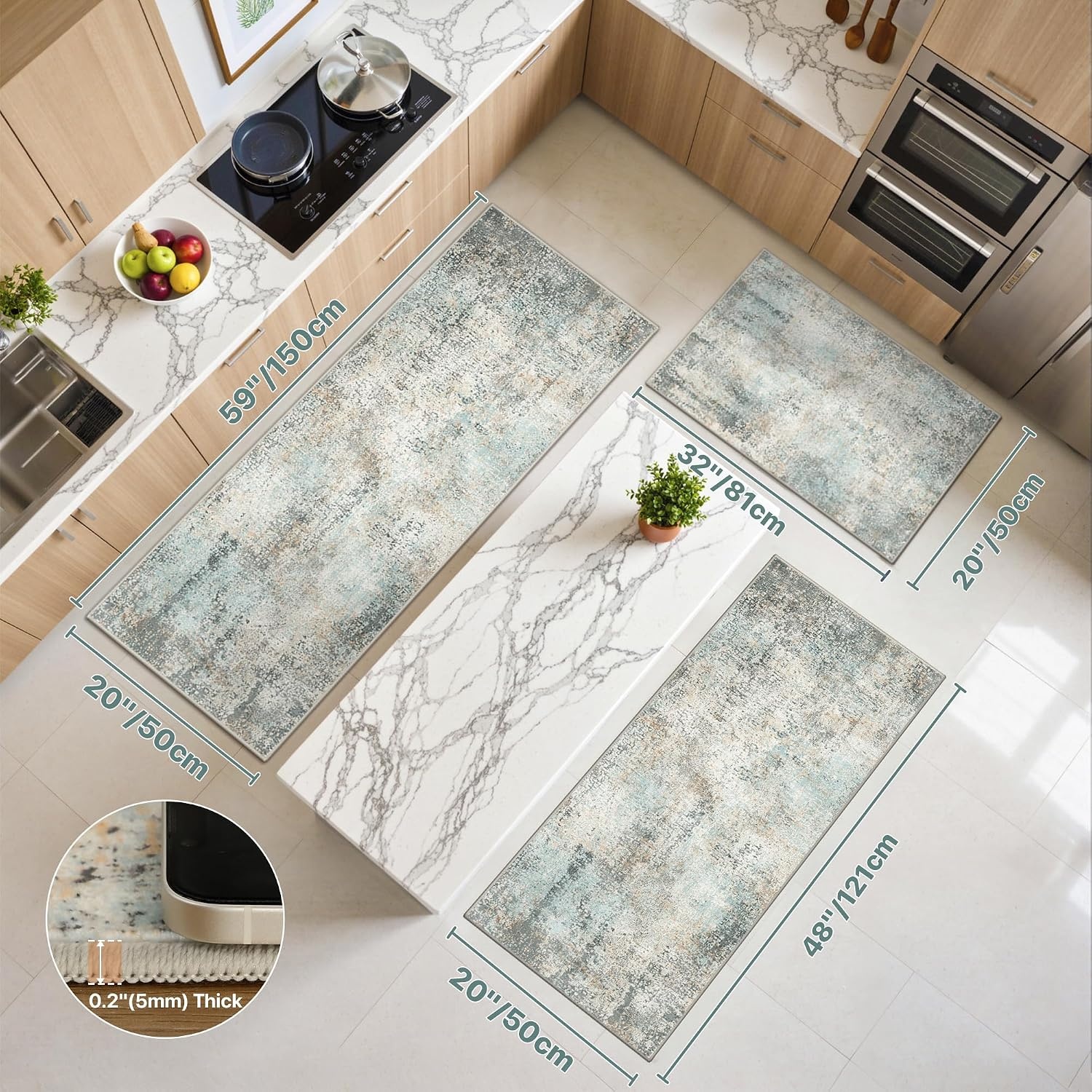 image:imageGENIMO Kitchen Rugs Large Washable Non Slip Kitchen Mats for Floor 48x72 Green vintage abstract rug soft faux cashmere low pile easyclean for laundry entryway sink farmhouseGreen Brown
