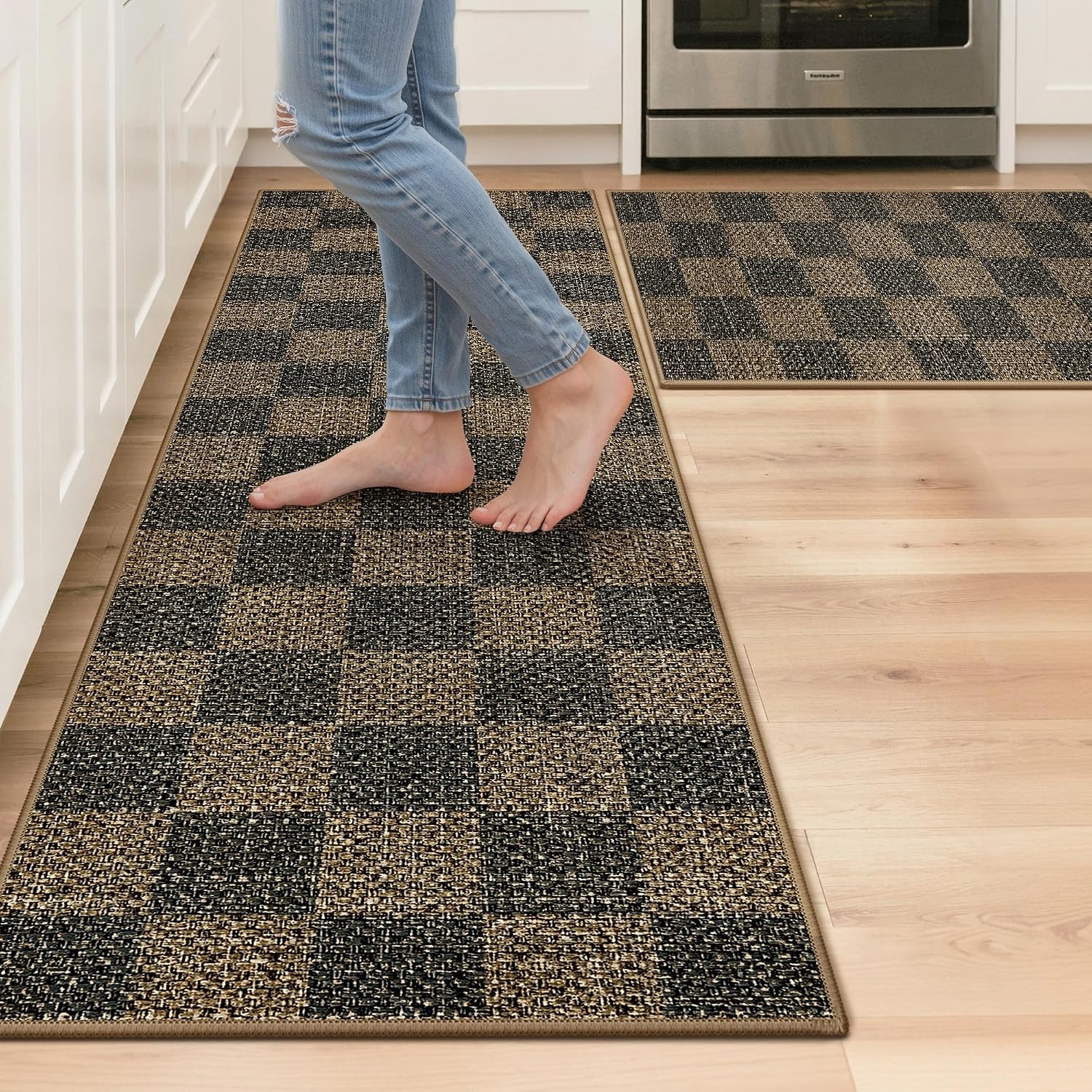 image:imageGENIMO Kitchen Rugs Large Washable Non Slip Kitchen Mats for Floor  48x72 Green vintage abstract rug soft faux cashmere low pile easyclean for laundry entryway sink farmhouseBrown Checkered