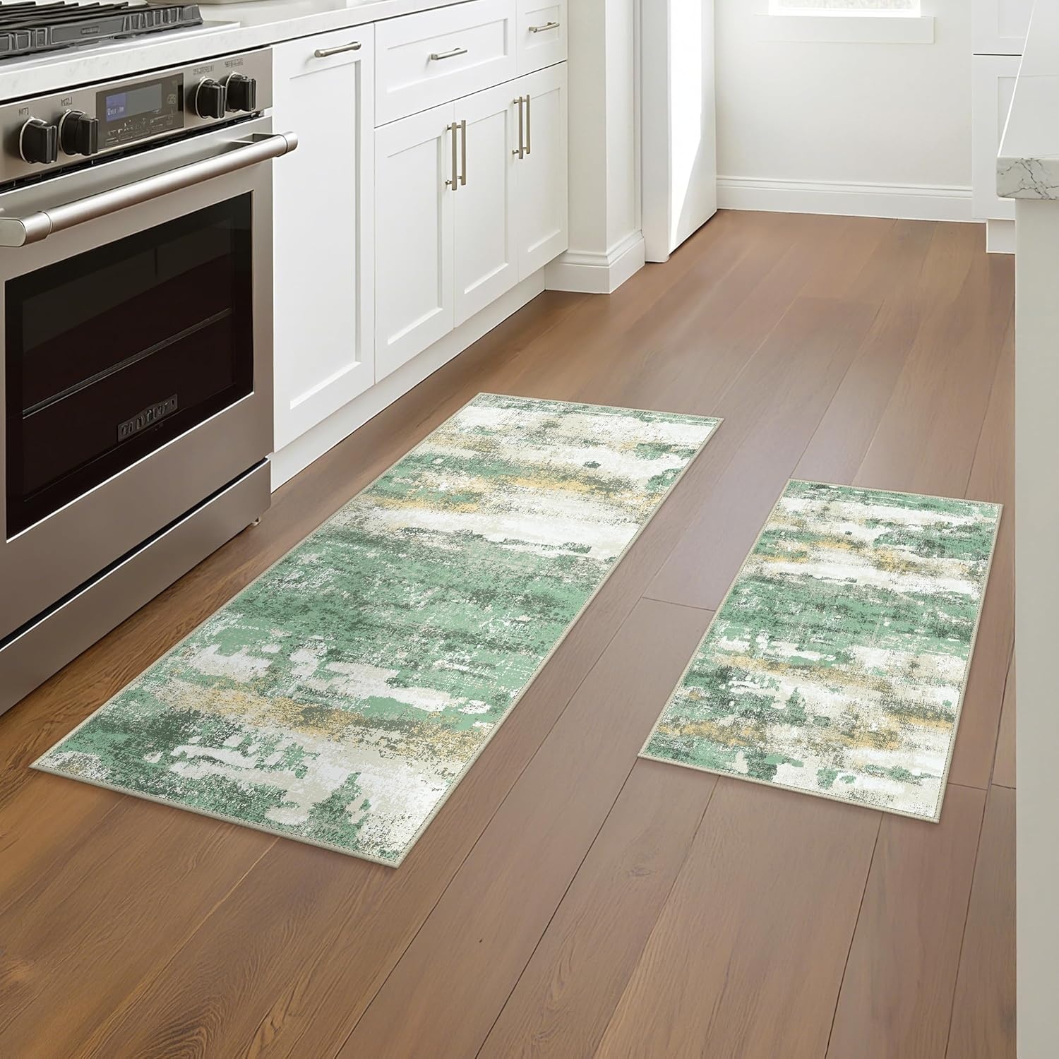 image:imageGENIMO Kitchen Rugs Large Washable Non Slip Kitchen Mats for Floor 48x72 Green vintage abstract rug soft faux cashmere low pile easyclean for laundry entryway sink farmhouseGreen