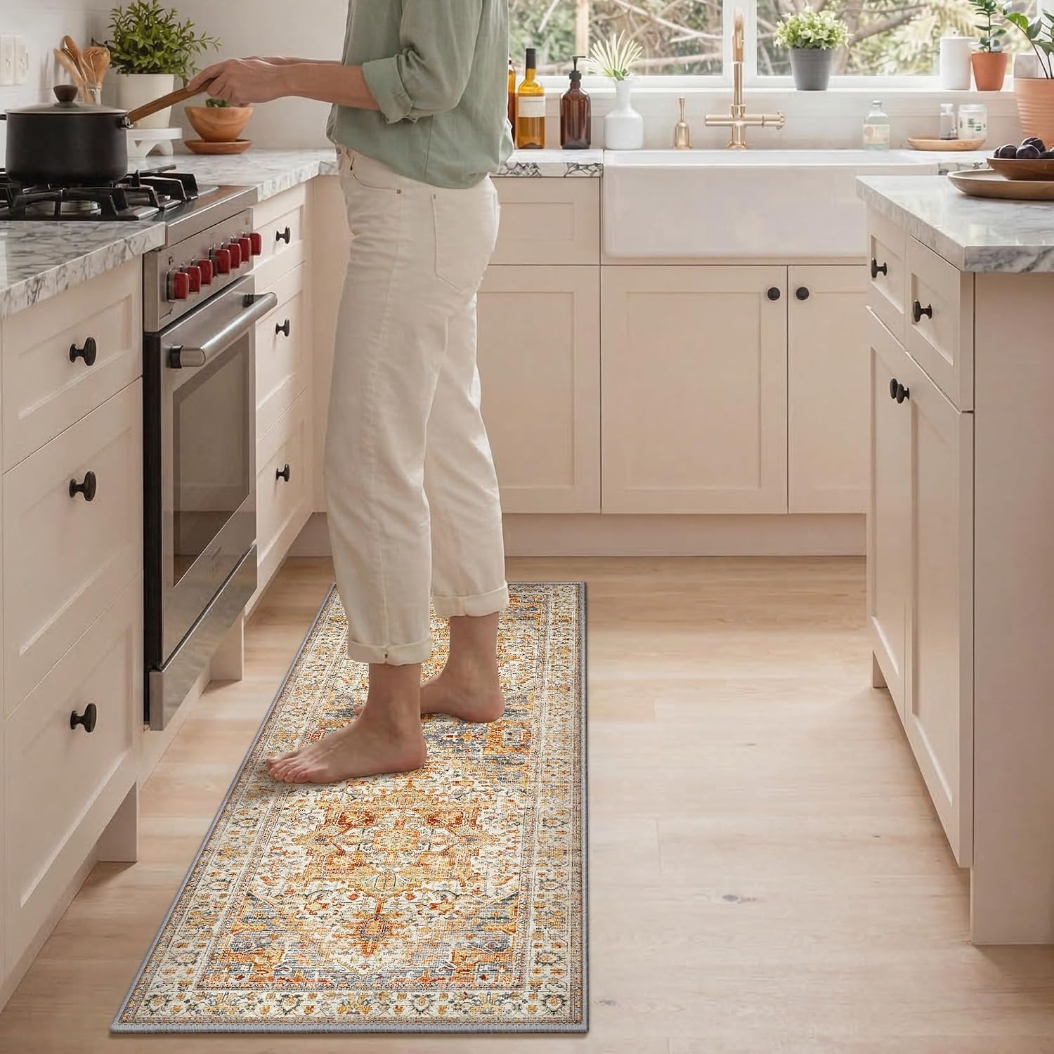 image:imageGENIMO Kitchen Rugs Large Washable Non Slip Kitchen Mats for Floor 48x72 Green vintage abstract rug soft faux cashmere low pile easyclean for laundry entryway sink farmhouseOrange Brown