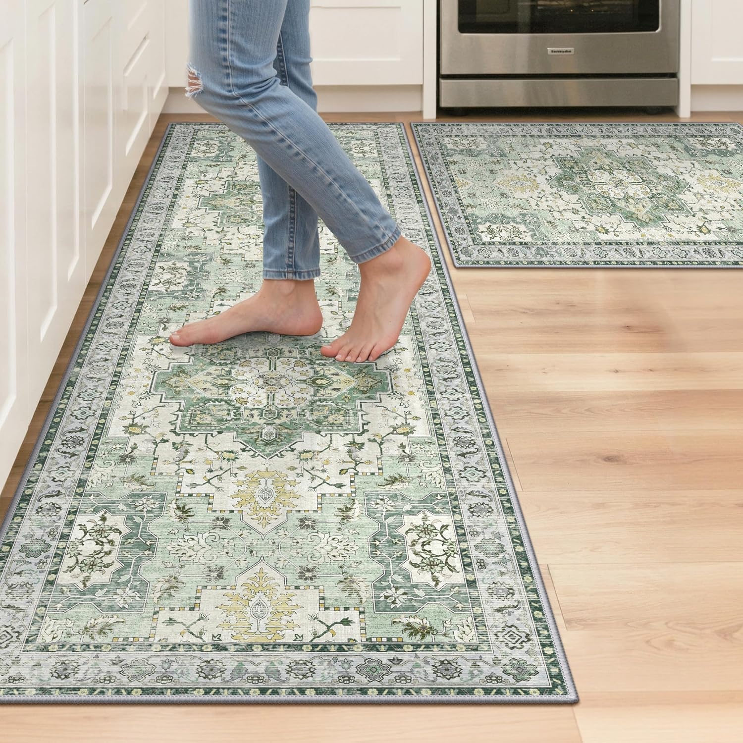 image:imageGENIMO Kitchen Rugs Large Washable Non Slip Kitchen Mats for Floor 48x72 Green vintage abstract rug soft faux cashmere low pile easyclean for laundry entryway sink farmhouseLight Green