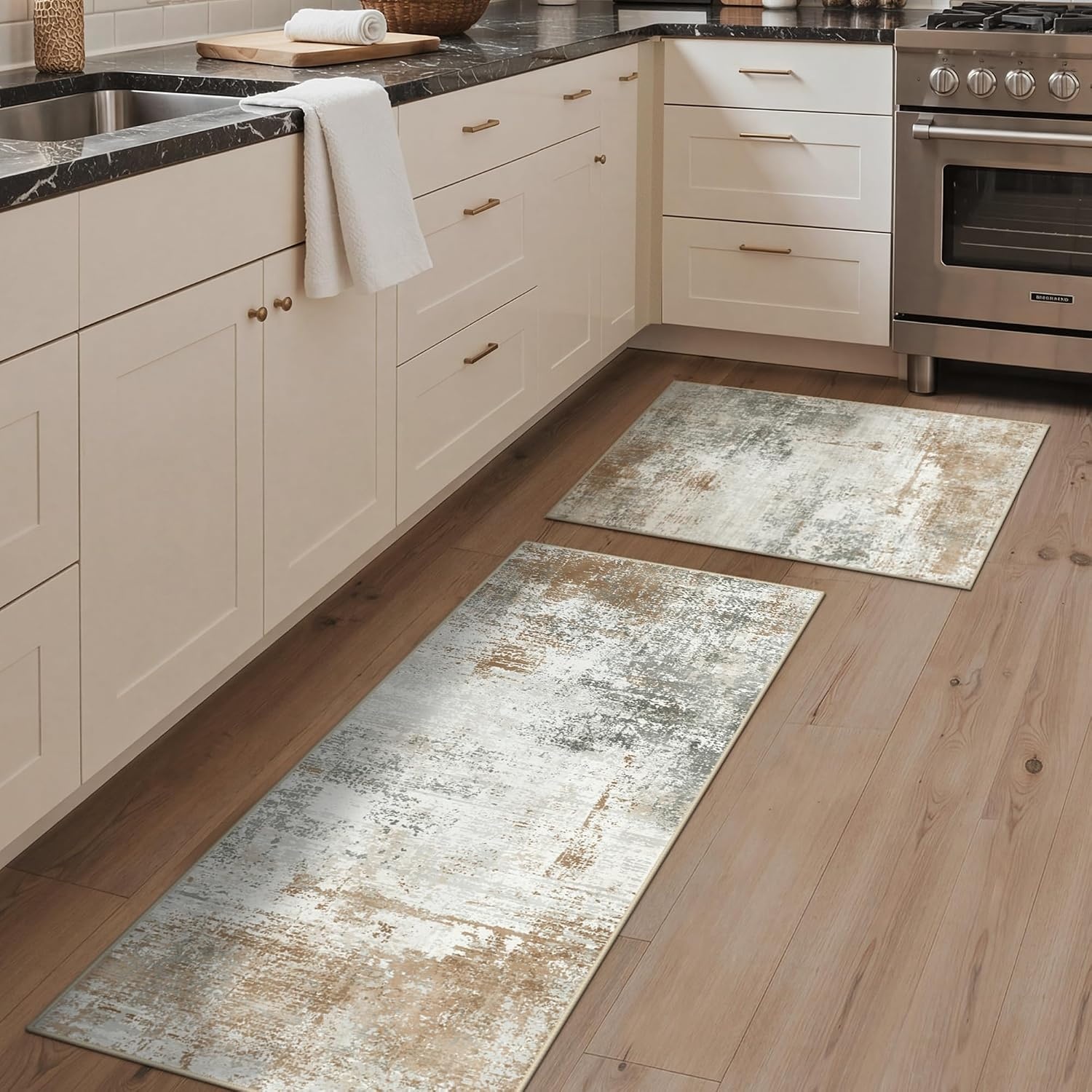 image:imageGENIMO Kitchen Rugs Large Washable Non Slip Kitchen Mats for Floor 48x72 Green vintage abstract rug soft faux cashmere low pile easyclean for laundry entryway sink farmhouseBeige Brown