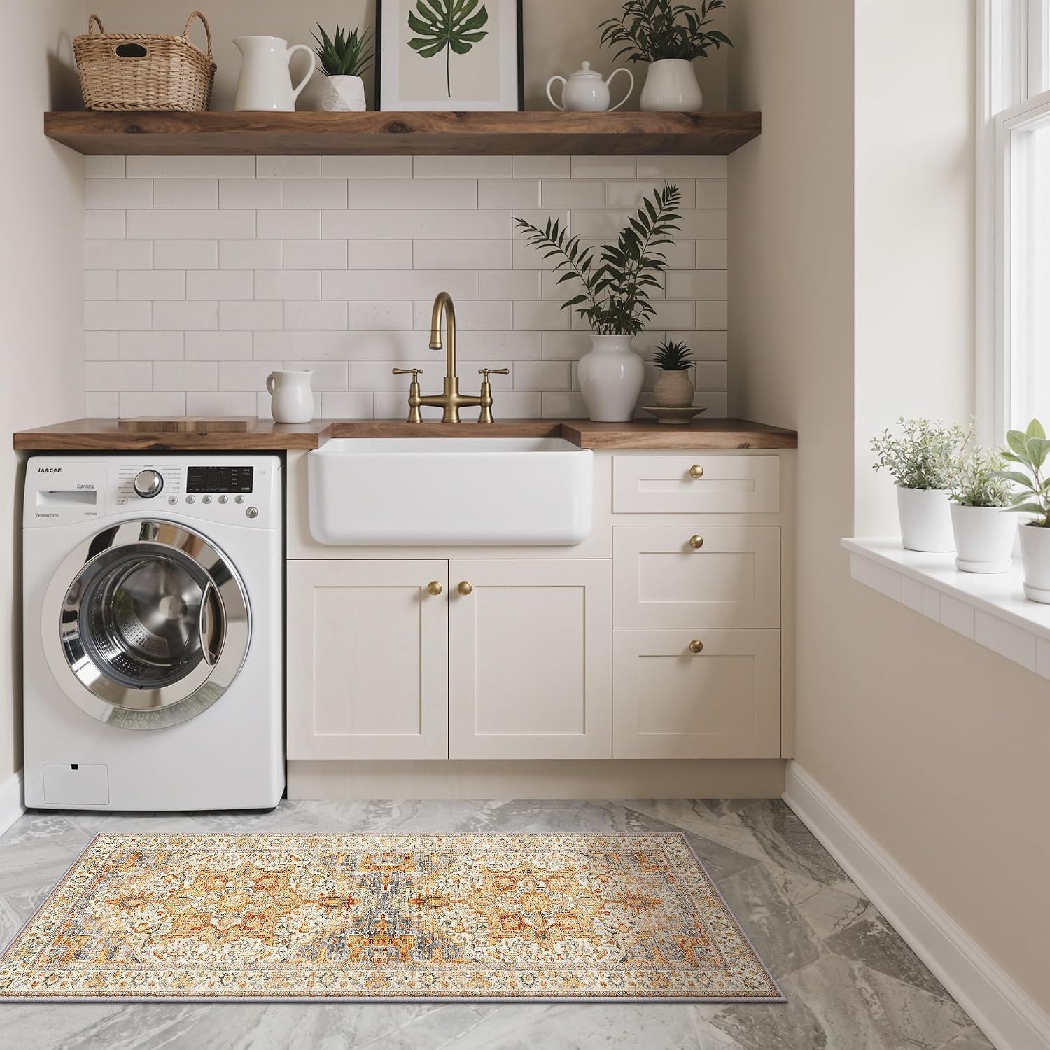 image:imageGENIMO Kitchen Rugs Large Washable Non Slip Kitchen Mats for Floor 48x72 Green vintage abstract rug soft faux cashmere low pile easyclean for laundry entryway sink farmhouseOrange Brown