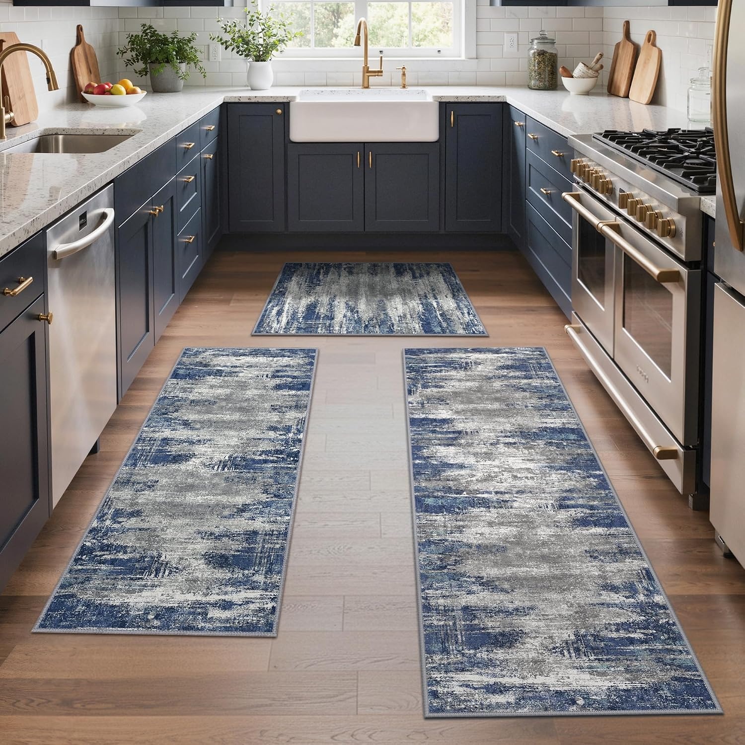 image:imageGENIMO Kitchen Rugs Large Washable Non Slip Kitchen Mats for Floor 48x72 Green vintage abstract rug soft faux cashmere low pile easyclean for laundry entryway sink farmhouseBlue Ivory