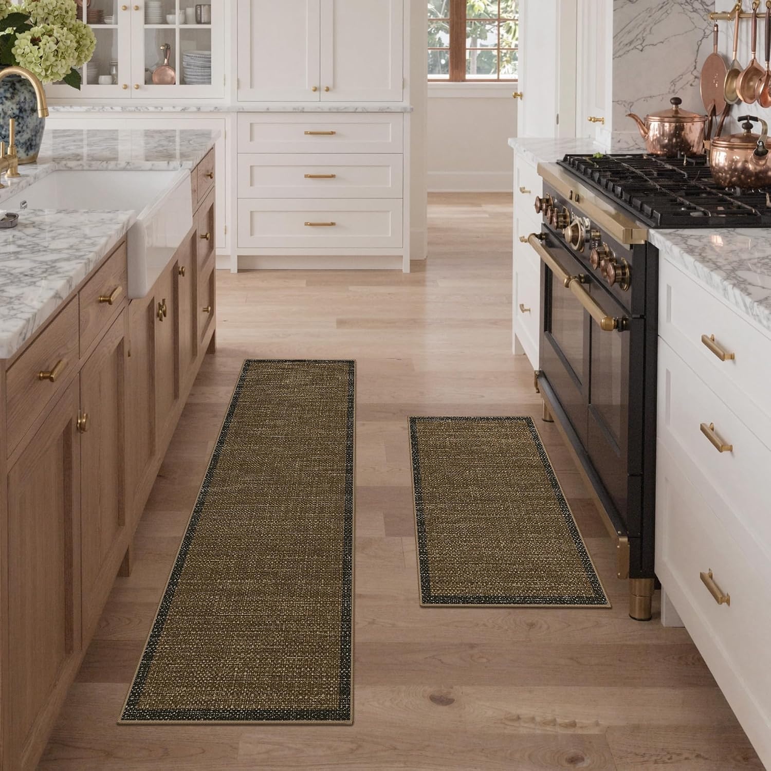 image:imageGENIMO Kitchen Rugs Large Washable Non Slip Kitchen Mats for Floor  48x72 Green vintage abstract rug soft faux cashmere low pile easyclean for laundry entryway sink farmhouseBrown Border