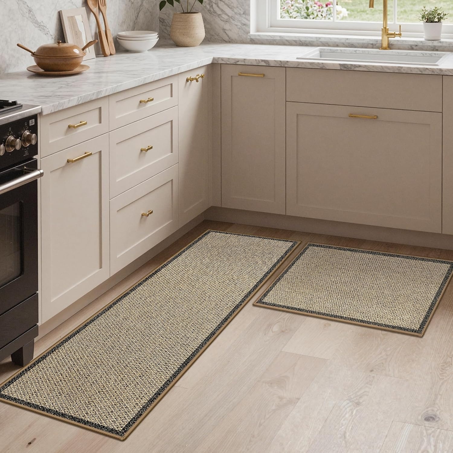 image:imageGENIMO Kitchen Rugs Large Washable Non Slip Kitchen Mats for Floor 48x72 Green vintage abstract rug soft faux cashmere low pile easyclean for laundry entryway sink farmhouseBeige Border