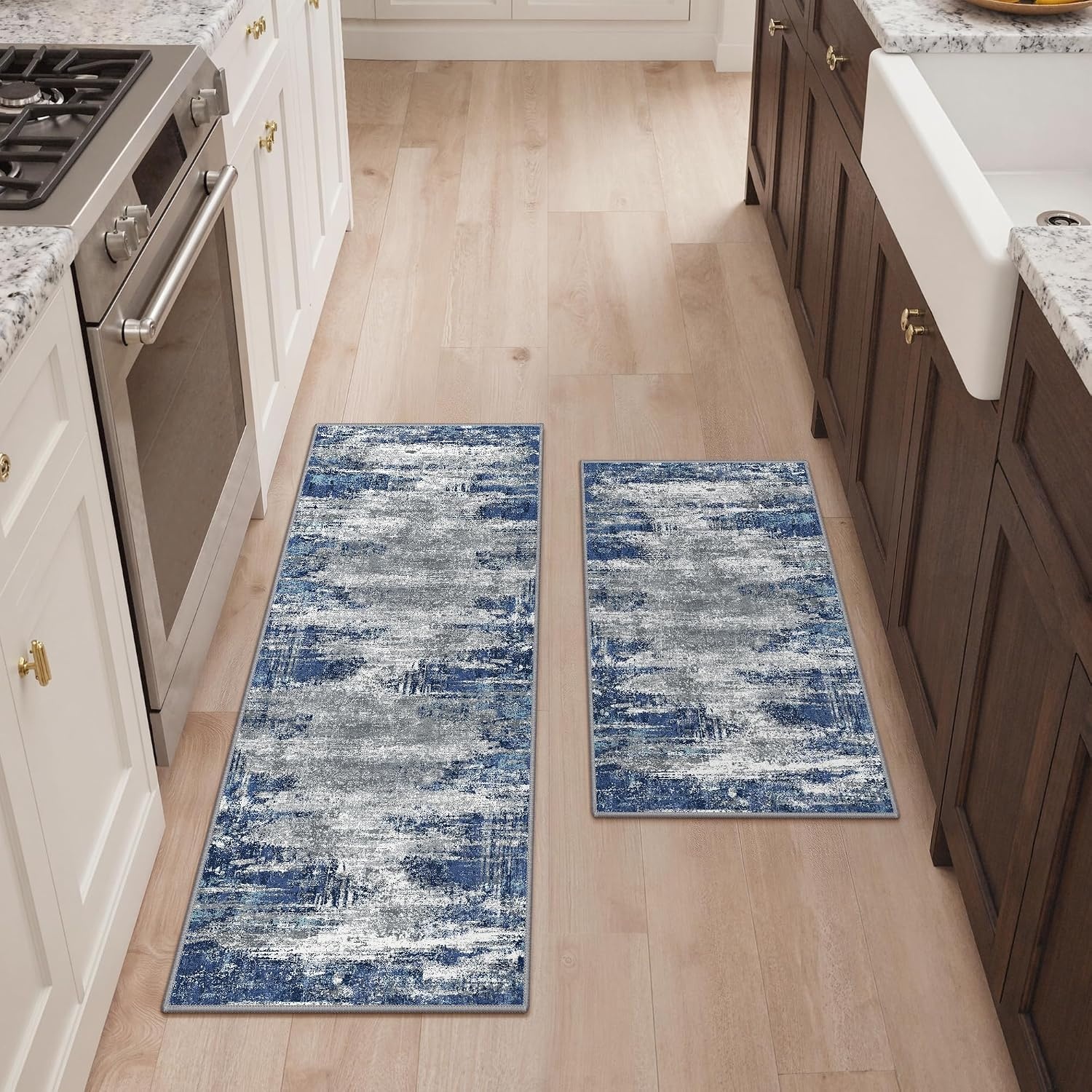 image:imageGENIMO Kitchen Rugs Large Washable Non Slip Kitchen Mats for Floor  48x72 Green vintage abstract rug soft faux cashmere low pile easyclean for laundry entryway sink farmhouseAblueIvory