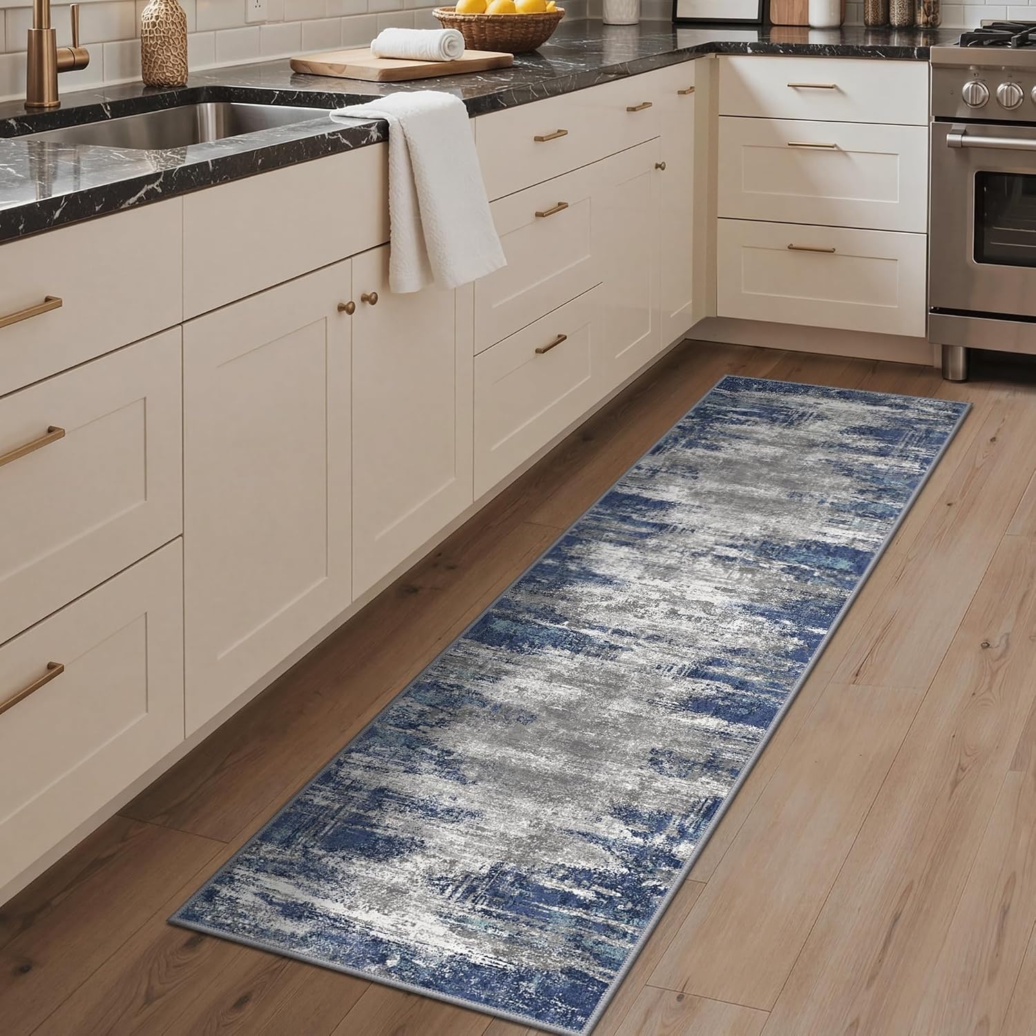 image:imageGENIMO Kitchen Rugs Large Washable Non Slip Kitchen Mats for Floor 48x72 Green vintage abstract rug soft faux cashmere low pile easyclean for laundry entryway sink farmhouseBlue Ivory