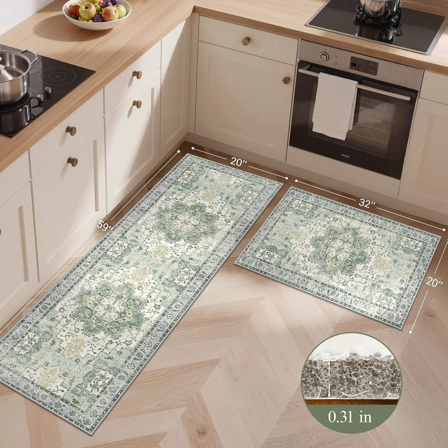 image:imageGENIMO Kitchen Rugs Large Washable Non Slip Kitchen Mats for Floor 48x72 Green vintage abstract rug soft faux cashmere low pile easyclean for laundry entryway sink farmhouseLight Green