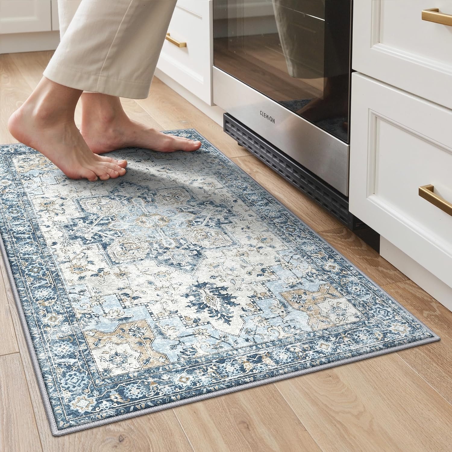 image:imageGENIMO Kitchen Rugs Large Washable Non Slip Kitchen Mats for Floor 48x72 Green vintage abstract rug soft faux cashmere low pile easyclean for laundry entryway sink farmhouseVintage Blue