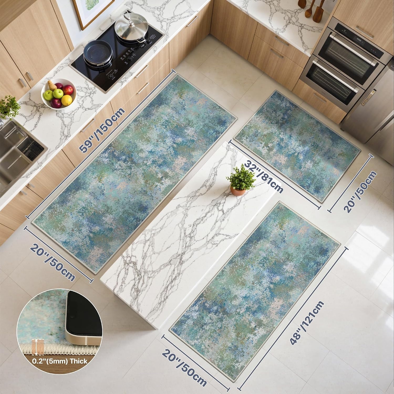 image:imageGENIMO Kitchen Rugs Large Washable Non Slip Kitchen Mats for Floor 48x72 Green vintage abstract rug soft faux cashmere low pile easyclean for laundry entryway sink farmhouseMix Blue