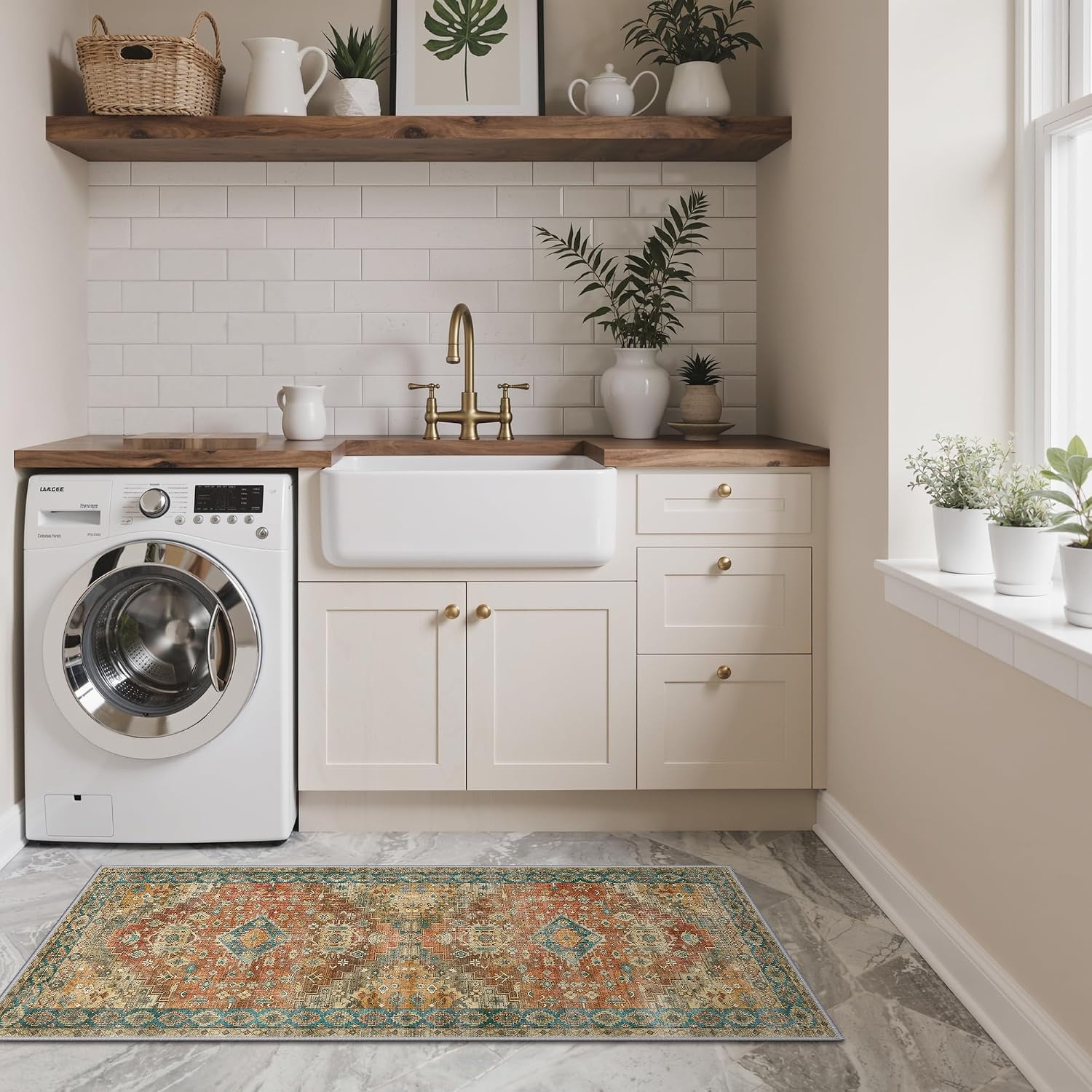 image:imageGENIMO Kitchen Rugs Large Washable Non Slip Kitchen Mats for Floor 48x72 Green vintage abstract rug soft faux cashmere low pile easyclean for laundry entryway sink farmhouseRetrobrick