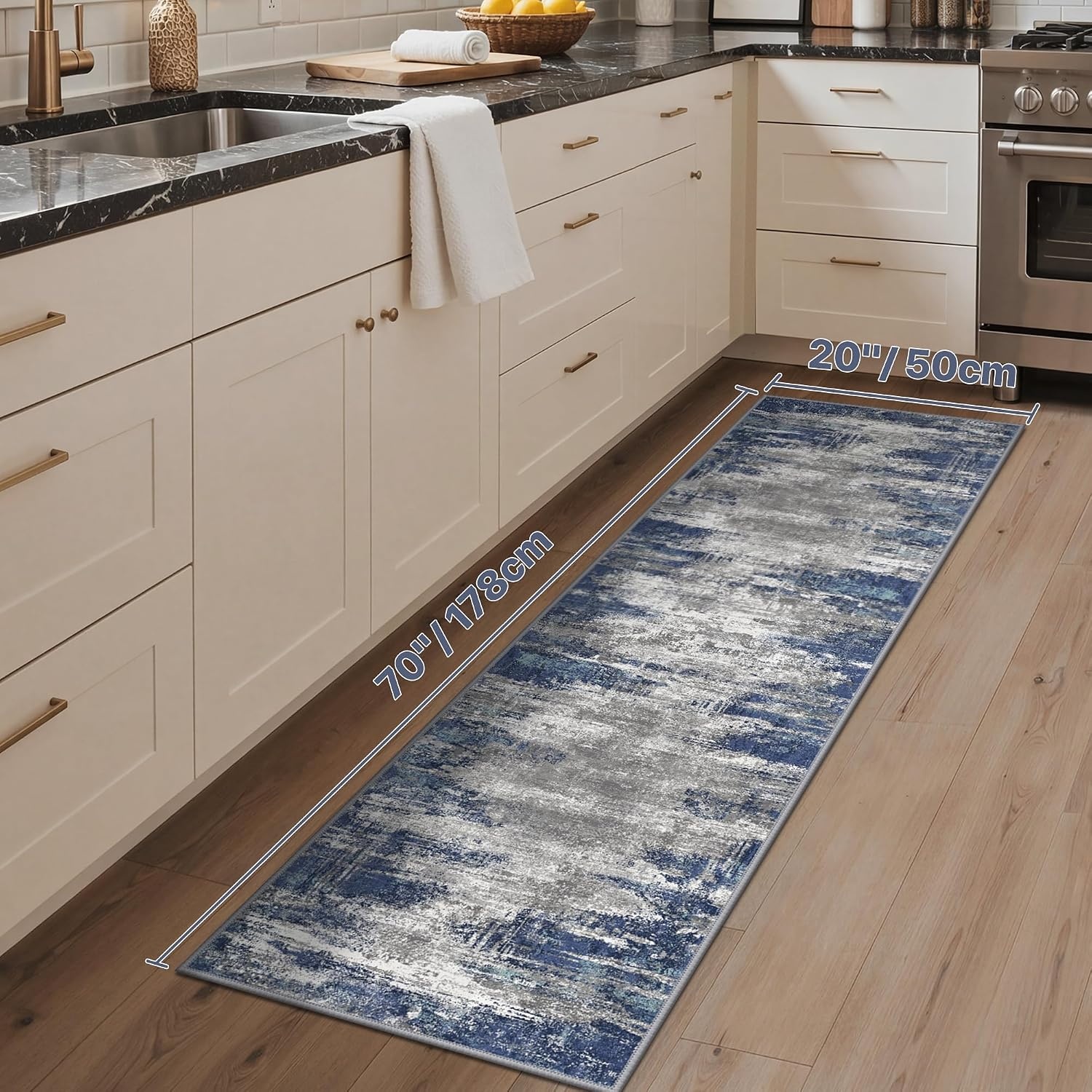image:imageGENIMO Kitchen Rugs Large Washable Non Slip Kitchen Mats for Floor 48x72 Green vintage abstract rug soft faux cashmere low pile easyclean for laundry entryway sink farmhouseBlue Ivory