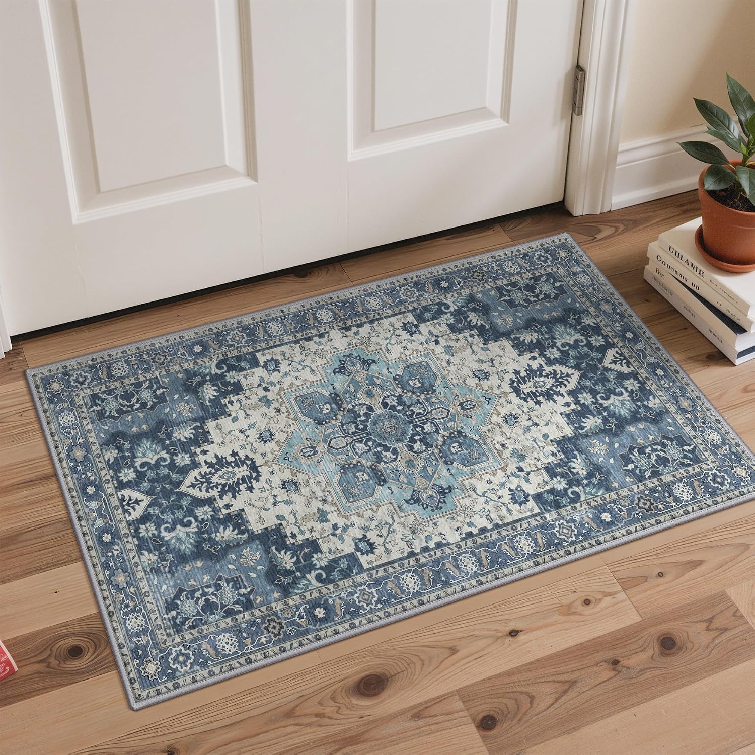 image:imageGENIMO Kitchen Rugs Large Washable Non Slip Kitchen Mats for Floor 48x72 Green vintage abstract rug soft faux cashmere low pile easyclean for laundry entryway sink farmhouseSlate Blue