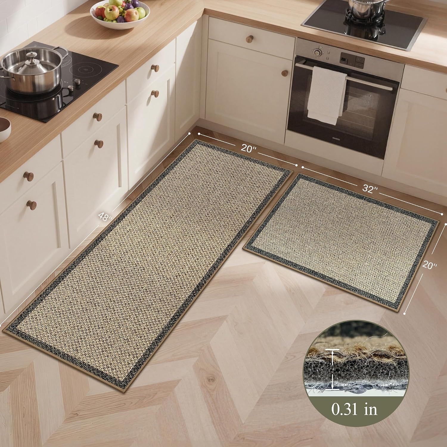 image:imageGENIMO Kitchen Rugs Large Washable Non Slip Kitchen Mats for Floor 48x72 Green vintage abstract rug soft faux cashmere low pile easyclean for laundry entryway sink farmhouseBeige Border