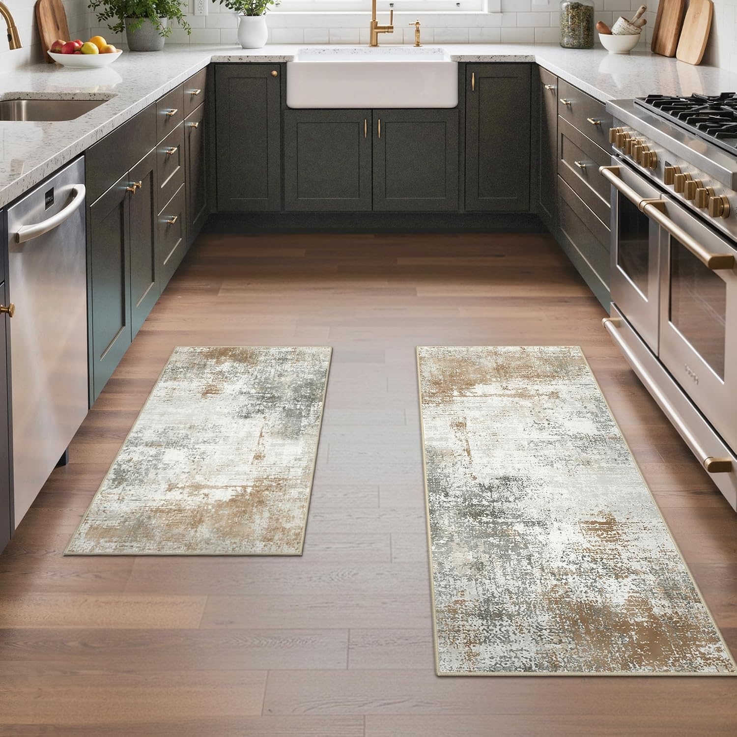 image:imageGENIMO Kitchen Rugs Large Washable Non Slip Kitchen Mats for Floor 48x72 Green vintage abstract rug soft faux cashmere low pile easyclean for laundry entryway sink farmhouseBeige Brown