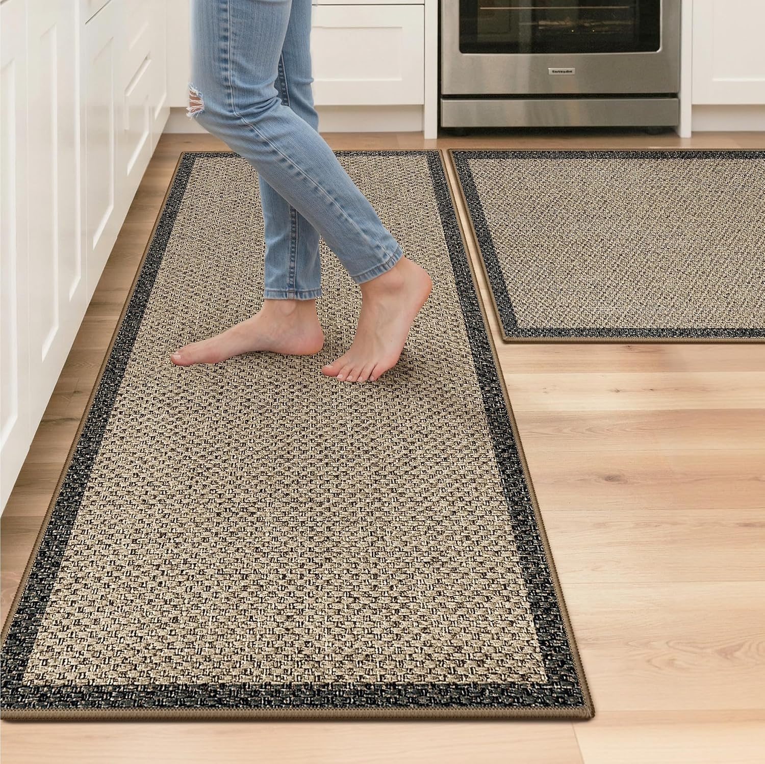 image:imageGENIMO Kitchen Rugs Large Washable Non Slip Kitchen Mats for Floor 48x72 Green vintage abstract rug soft faux cashmere low pile easyclean for laundry entryway sink farmhouseBeige Border