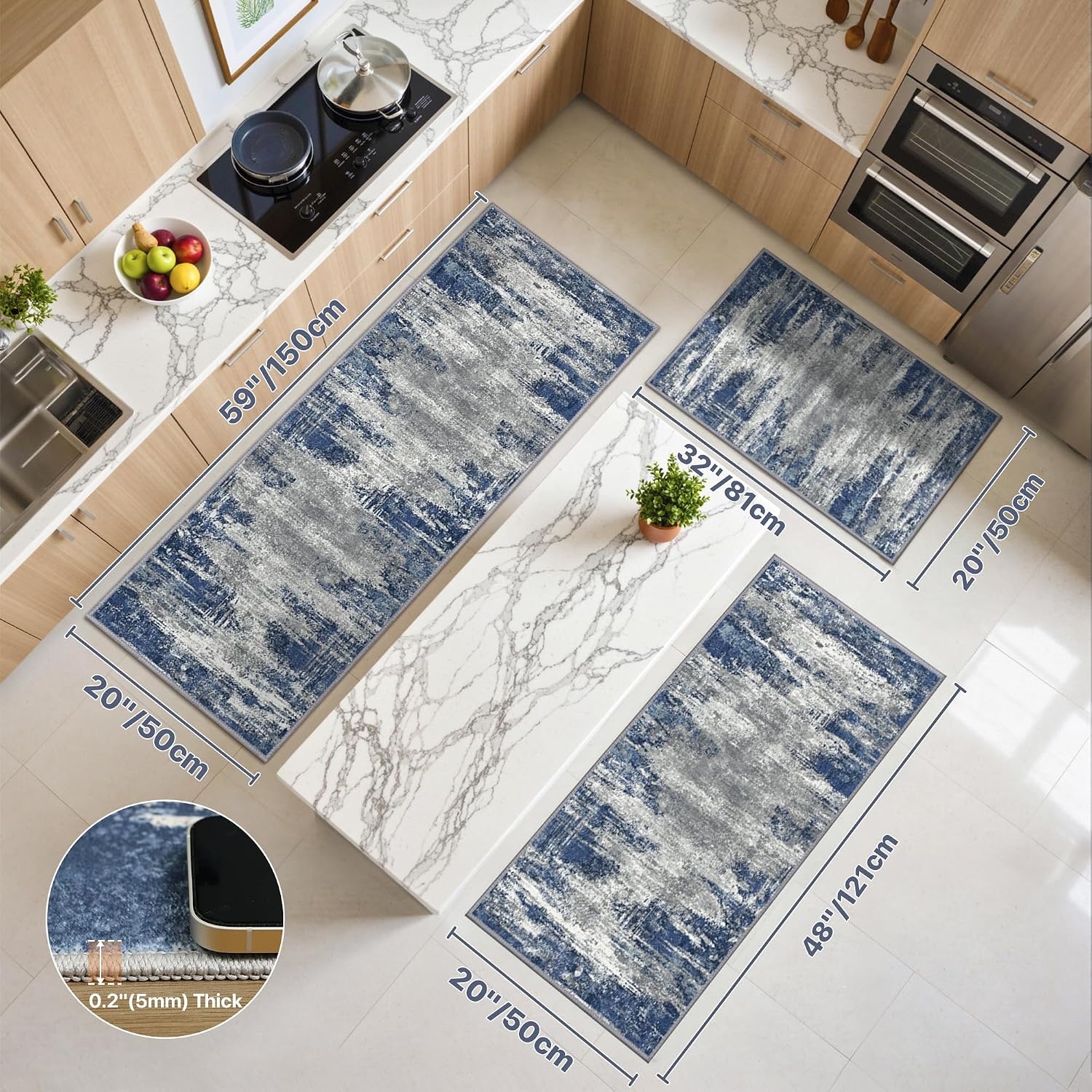 image:imageGENIMO Kitchen Rugs Large Washable Non Slip Kitchen Mats for Floor 48x72 Green vintage abstract rug soft faux cashmere low pile easyclean for laundry entryway sink farmhouseBlue Ivory