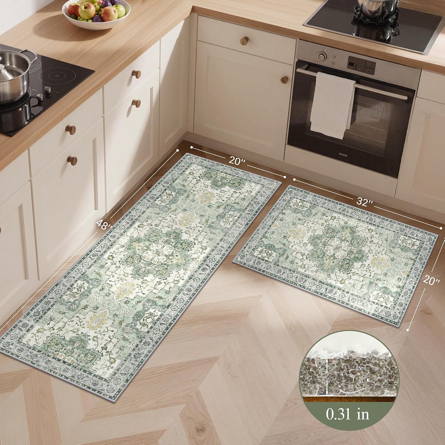 image:imageGENIMO Kitchen Rugs Large Washable Non Slip Kitchen Mats for Floor 48x72 Green vintage abstract rug soft faux cashmere low pile easyclean for laundry entryway sink farmhouseLight Green