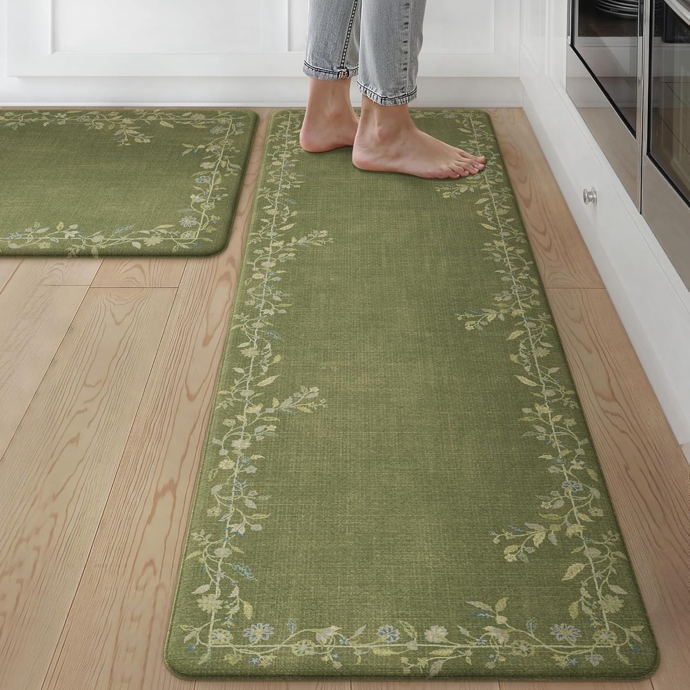 image:imageGENIMO Anti Fatigue Kitchen Mats for Floor 2PCS Cushioned Standing Mats 173x47amp173x30 Jet Black vintage floral rug set waterproof non slip easyclean for farmhouseSoft Green