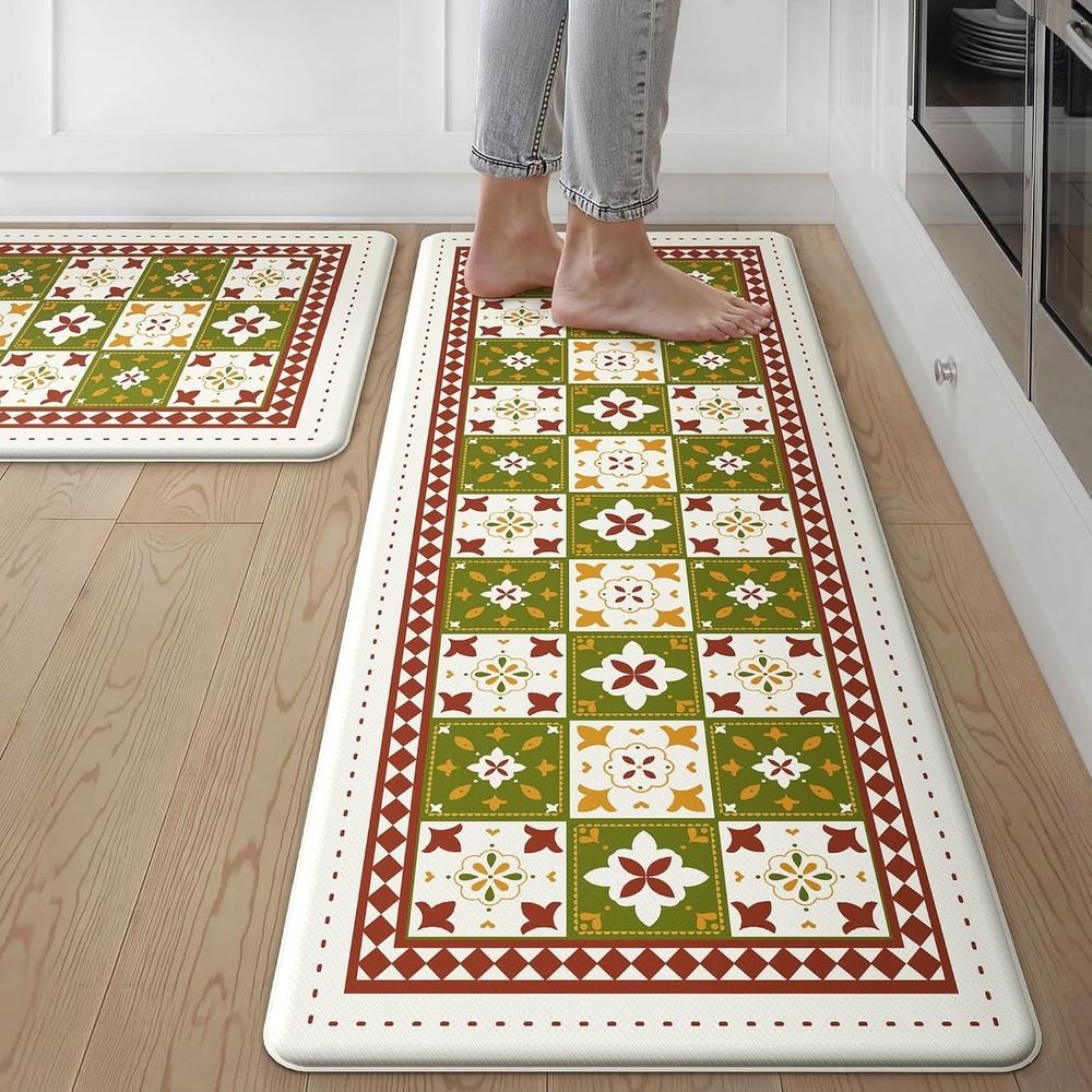 image:imageGENIMO Anti Fatigue Kitchen Mats for Floor 2PCS Cushioned Standing Mats  173x47amp173x30 Jet Black vintage floral rug set waterproof non slip easyclean for farmhouseDark Green