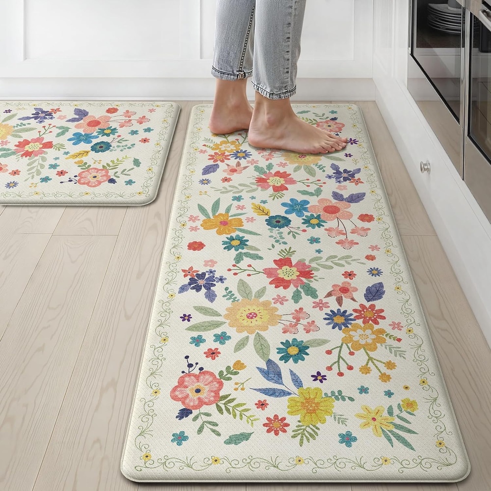 image:imageGENIMO Anti Fatigue Kitchen Mats for Floor 2PCS Cushioned Standing Mats  173x47amp173x30 Jet Black vintage floral rug set waterproof non slip easyclean for farmhouseSoftwhite