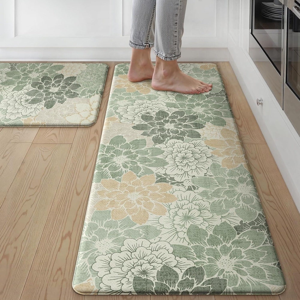 image:imageGENIMO Anti Fatigue Kitchen Mats for Floor 2PCS Cushioned Standing Mats  173x47amp173x30 Jet Black vintage floral rug set waterproof non slip easyclean for farmhouseGreen