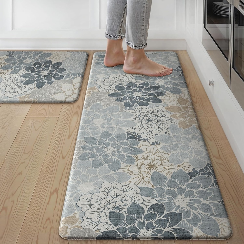 image:imageGENIMO Anti Fatigue Kitchen Mats for Floor 2PCS Cushioned Standing Mats 173x47amp173x30 Jet Black vintage floral rug set waterproof non slip easyclean for farmhouseLight Blue