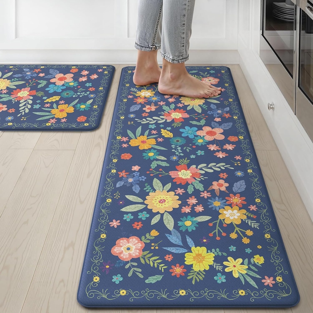 image:imageGENIMO Anti Fatigue Kitchen Mats for Floor 2PCS Cushioned Standing Mats  173x47amp173x30 Jet Black vintage floral rug set waterproof non slip easyclean for farmhouseNavy