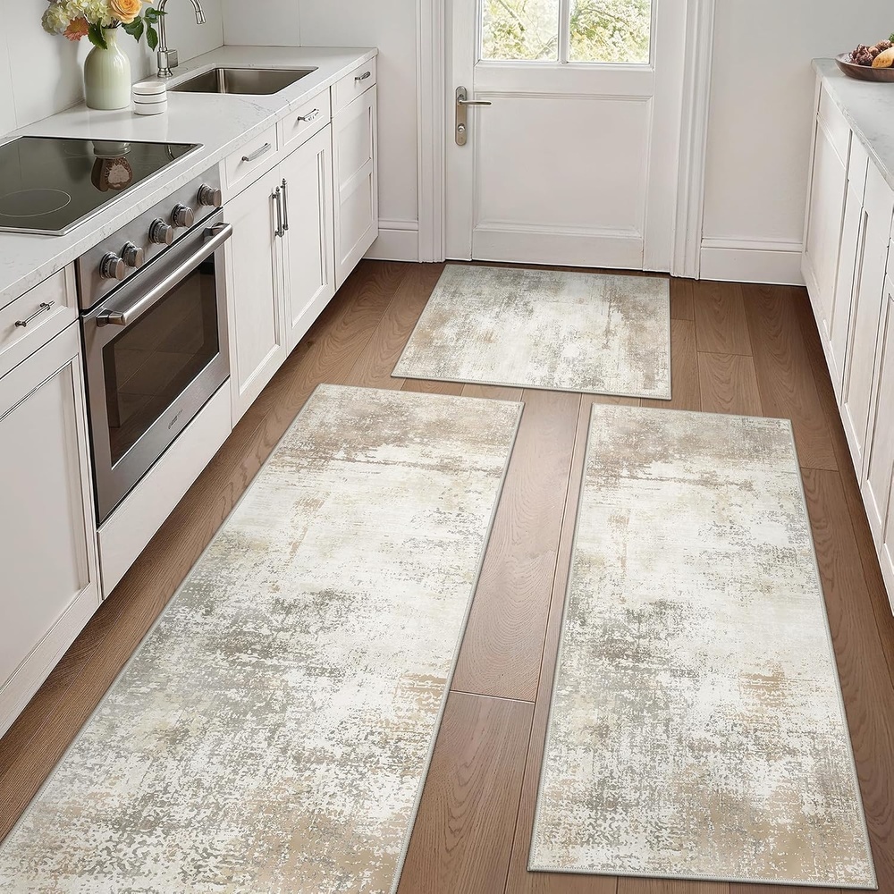 image:imageGENIMO Kitchen Rugs Large Washable Non Slip Kitchen Mats for Floor  48x72 Green vintage abstract rug soft faux cashmere low pile easyclean for laundry entryway sink farmhouseLight Brown